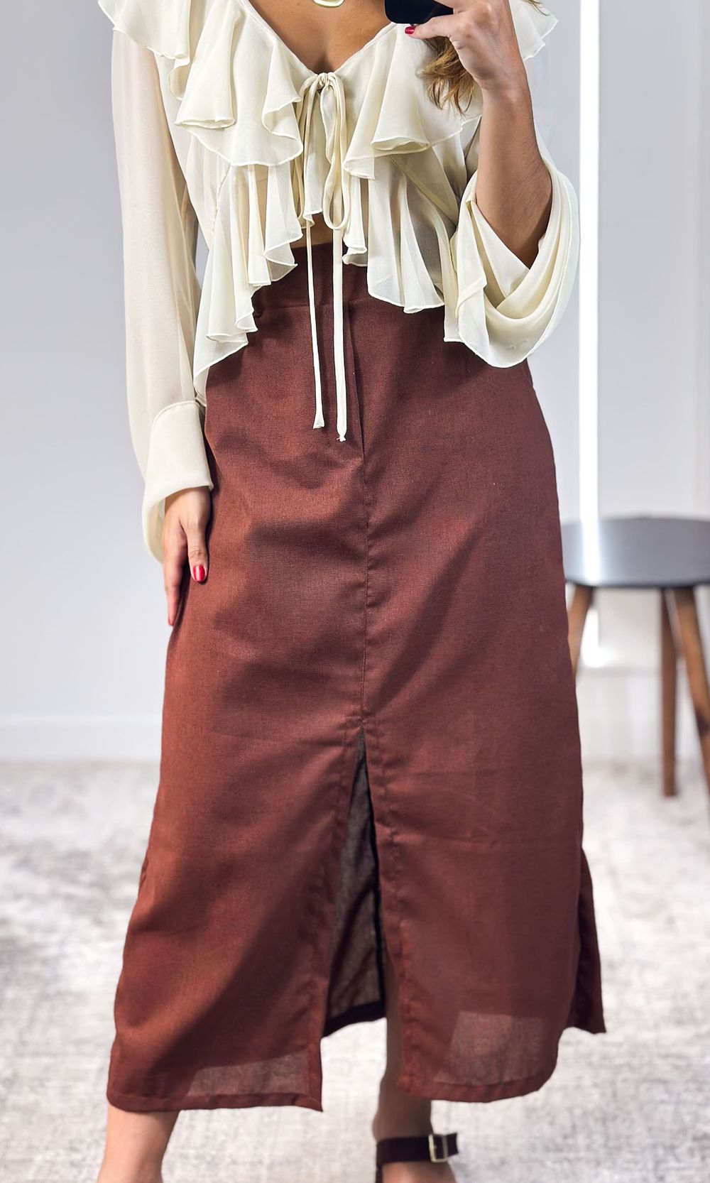 Saia Linho Midi com Fenda - Marrom - Jack Modas, Moda Feminina e Acessórios 