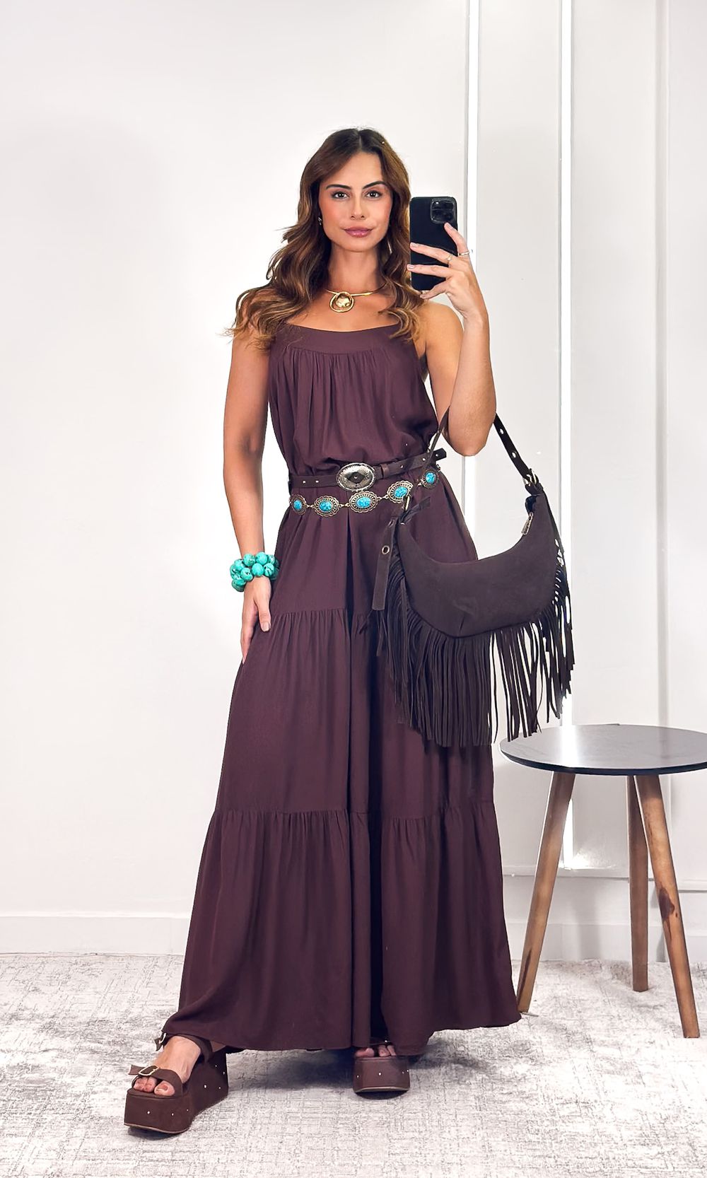 Vestido Longo Maquinetado com Alça - Marrom - Jack Modas, Moda Feminina e Acessórios 