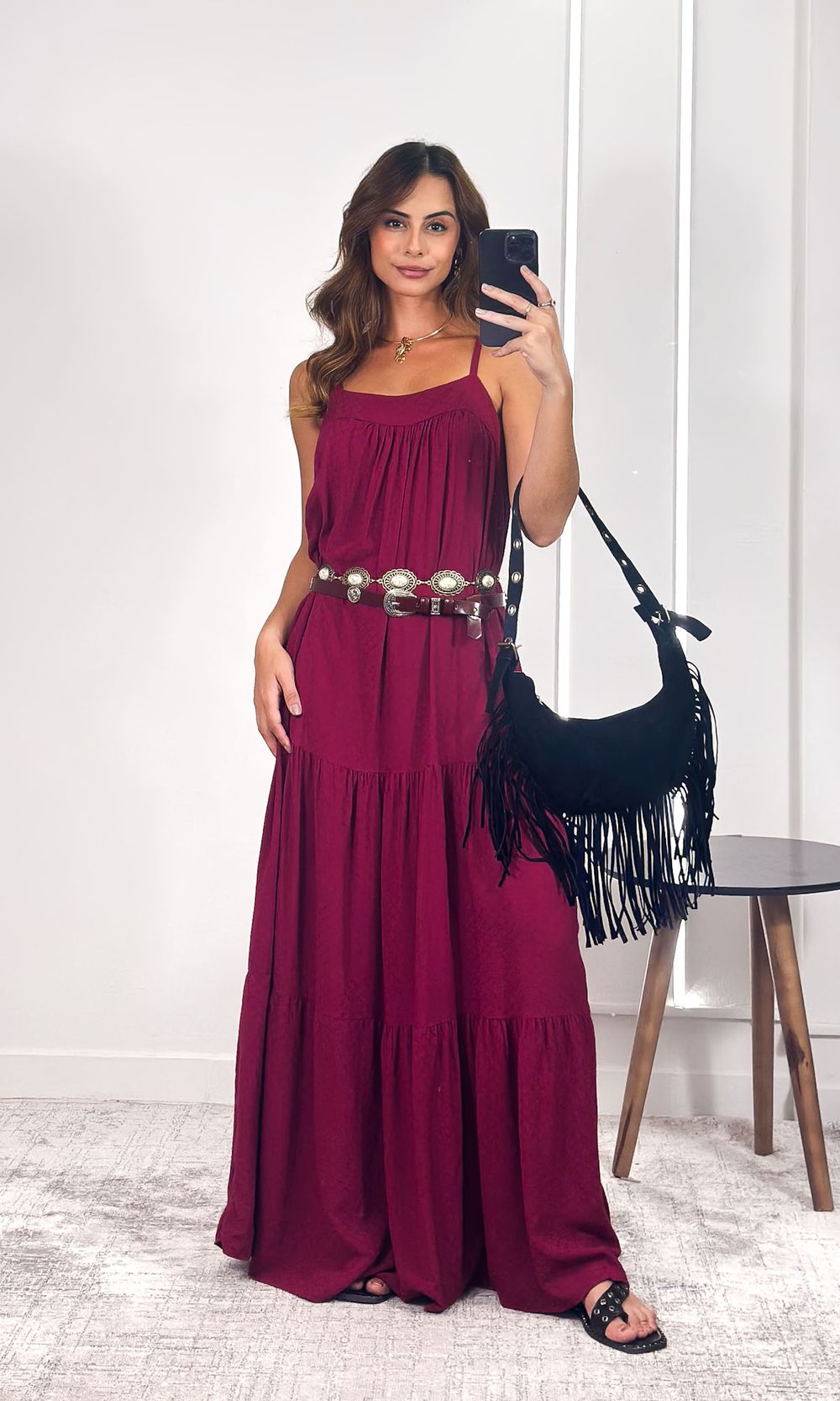 Vestido Longo Maquinetado com Alça - Vinho - Jack Modas, Moda Feminina e Acessórios 