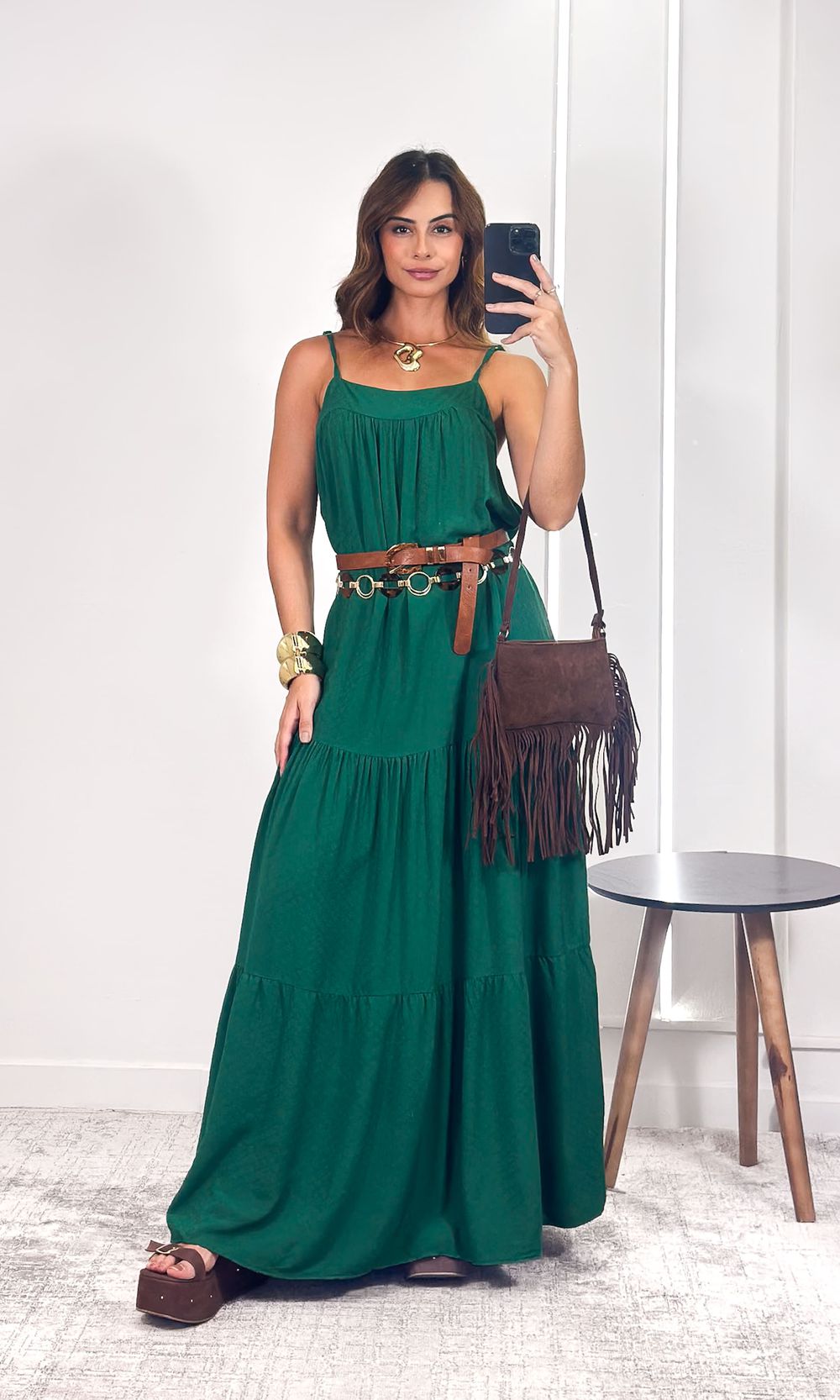 Vestido Longo Maquinetado com Alça - Verde - Jack Modas, Moda Feminina e Acessórios 