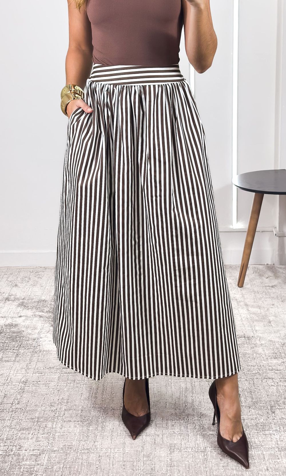 Saia Godê Tricoline Listrada Cós Largo - Branco/Ma... - Jack Modas, Moda Feminina e Acessórios 