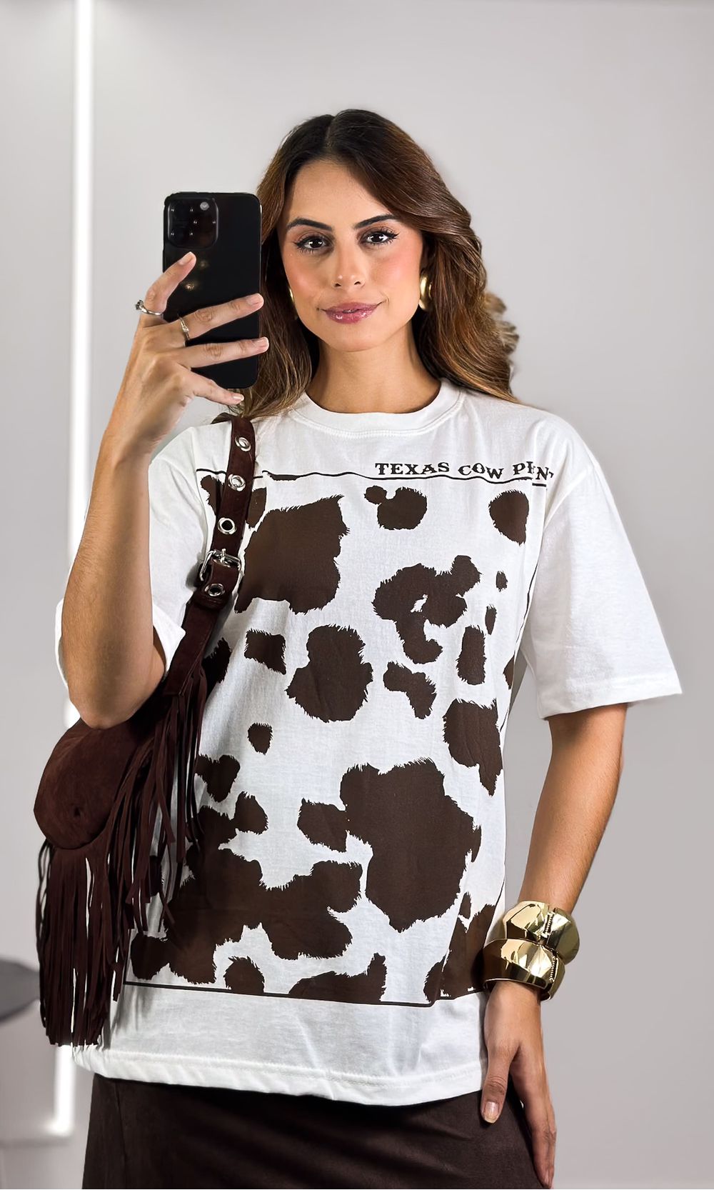 Camiseta Texas Cow Print - Off/Marrom