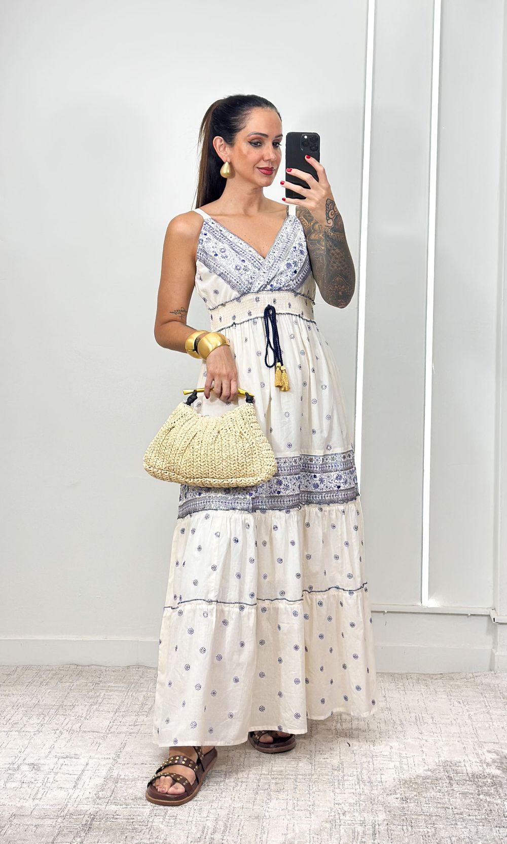Vestido Indiano Decote V - Off/Azul Escuro - Jack Modas, Moda Feminina e Acessórios 
