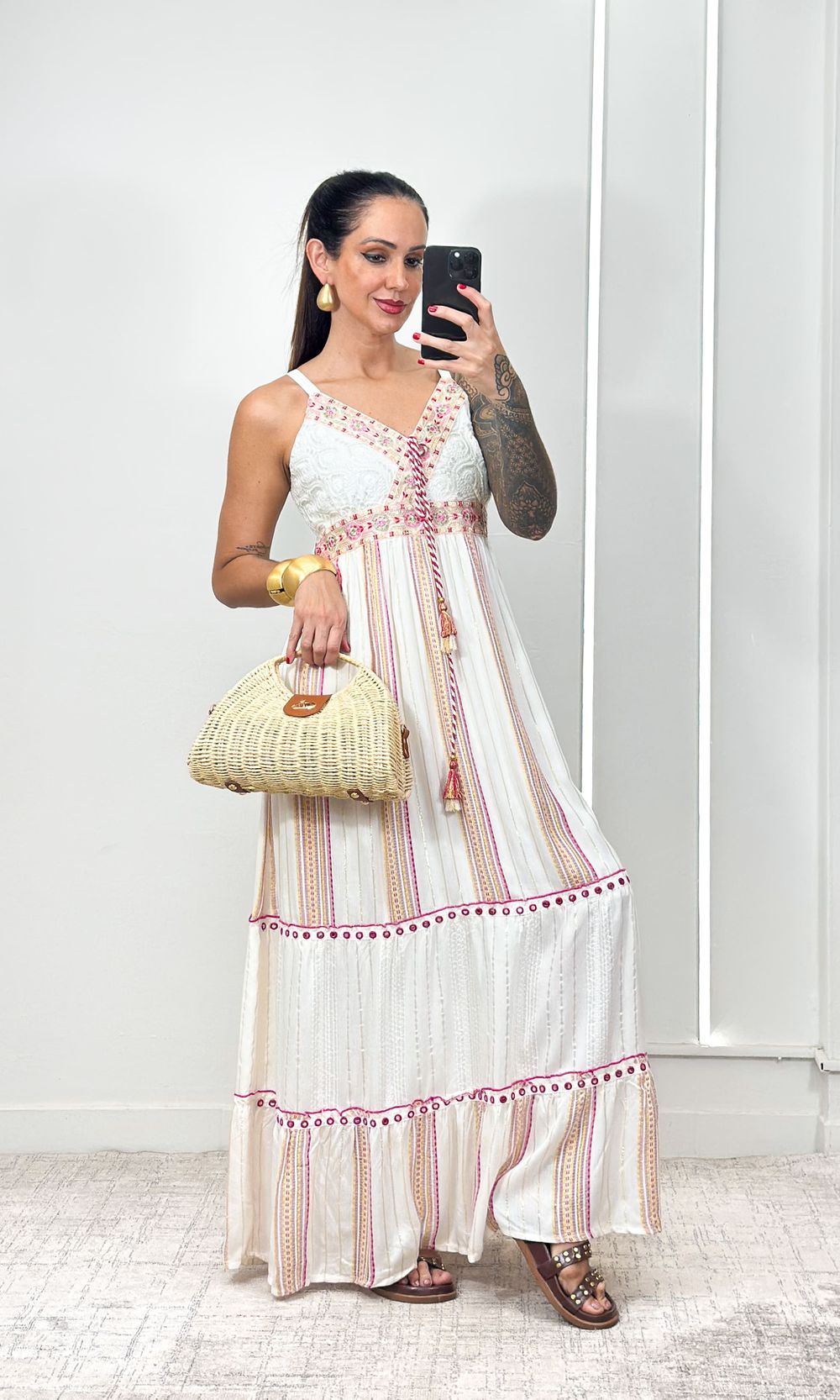 Vestido Indiano Decote V - Off/Rosa - Jack Modas, Moda Feminina e Acessórios 