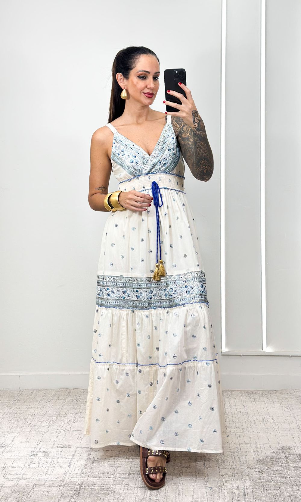 Vestido Indiano Decote V - Off/Azul - Jack Modas, Moda Feminina e Acessórios 