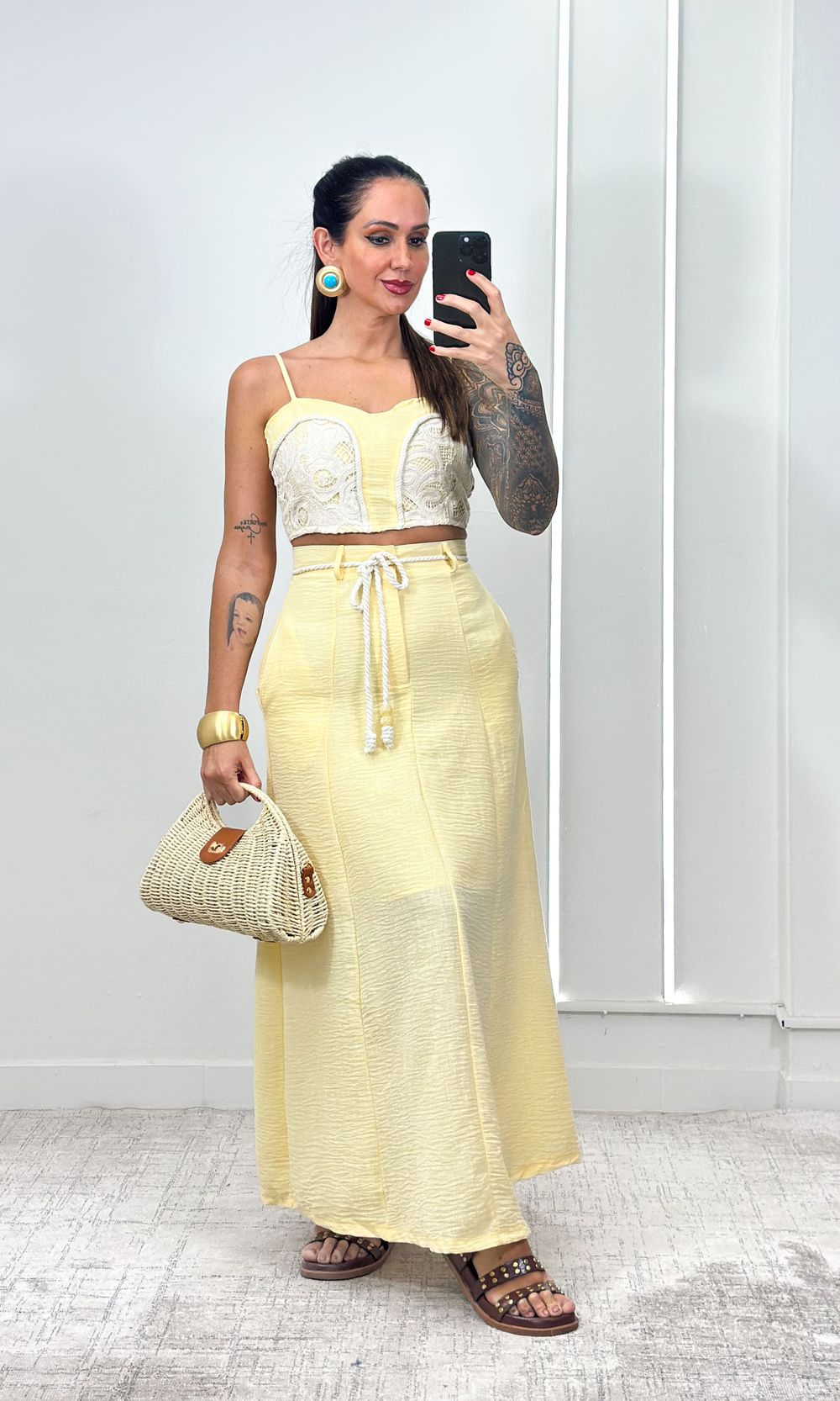Conjunto Cropped Crochê e Saia Evasê - Amarelo - Jack Modas, Moda Feminina e Acessórios 