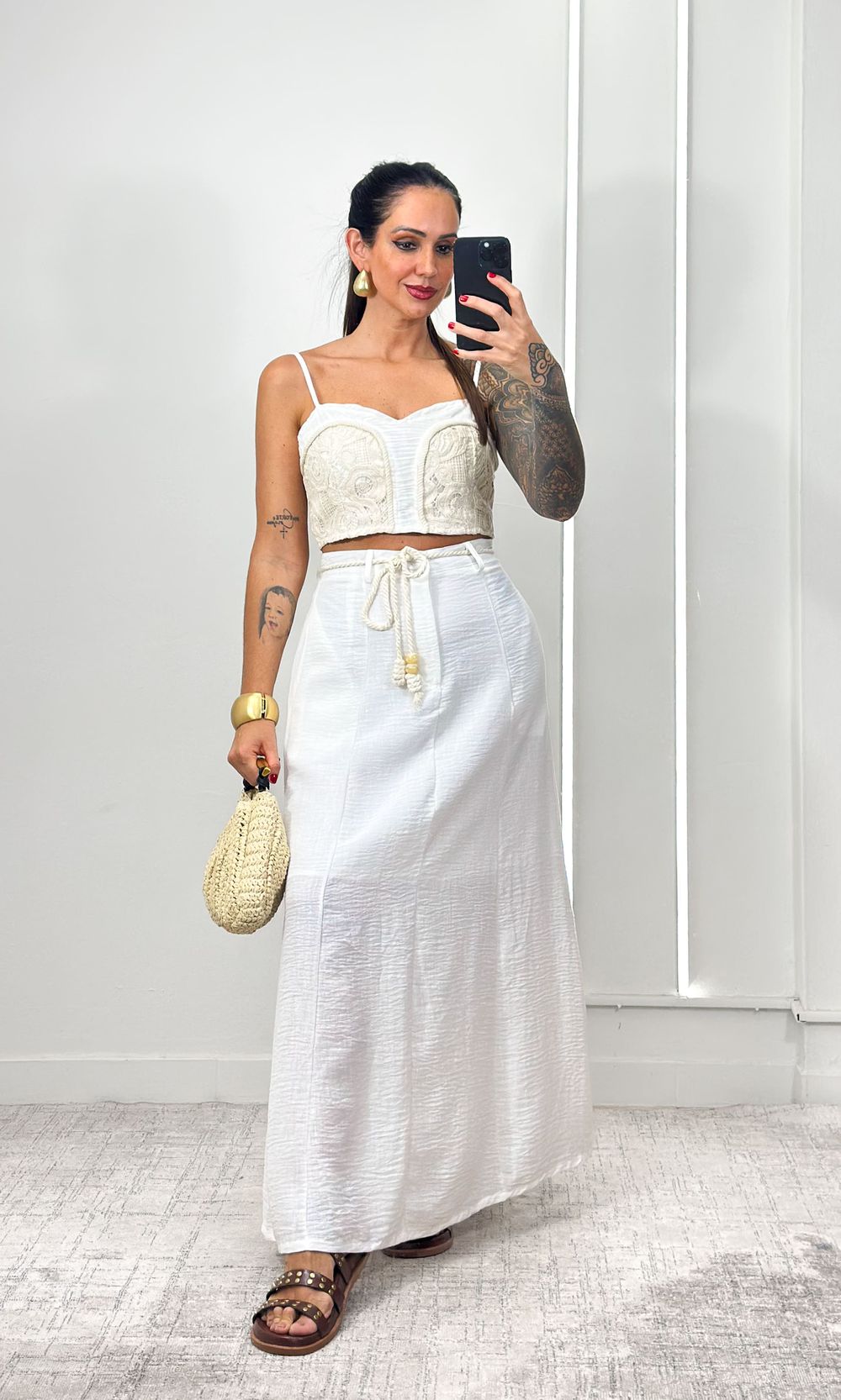 Conjunto Cropped Crochê e Saia Evasê - Branco - Jack Modas, Moda Feminina e Acessórios 