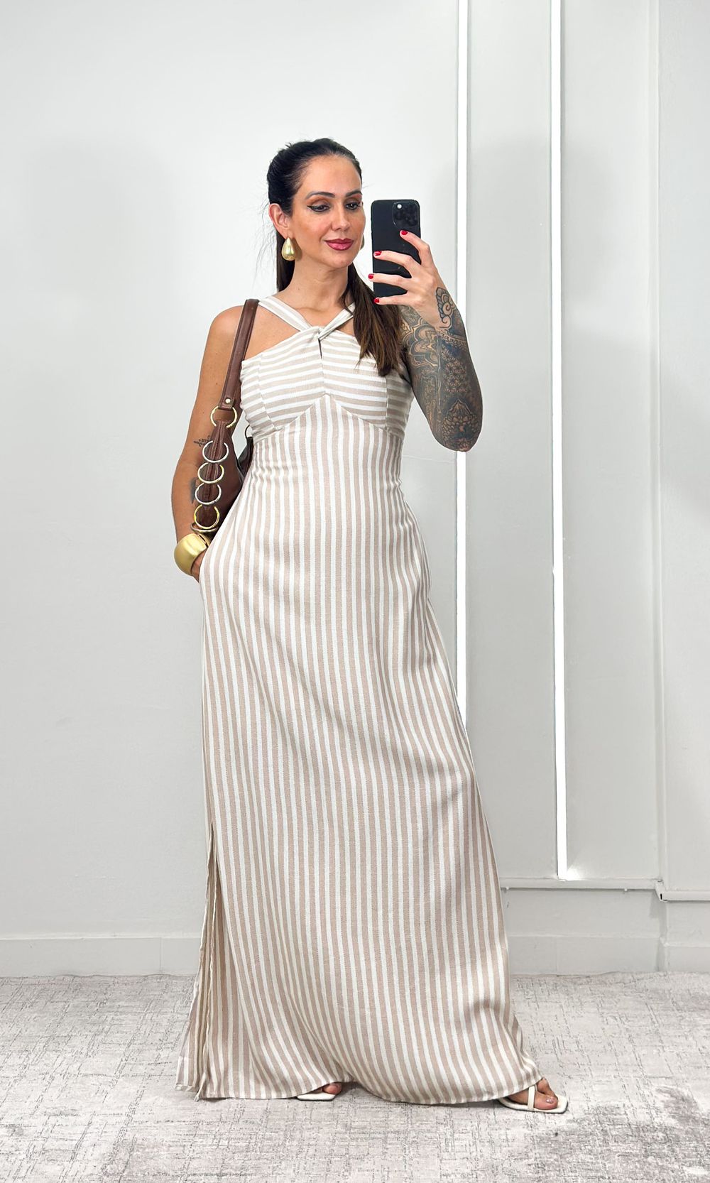 Vestido Listrado Frente Única - Bege/Cru - Jack Modas, Moda Feminina e Acessórios 