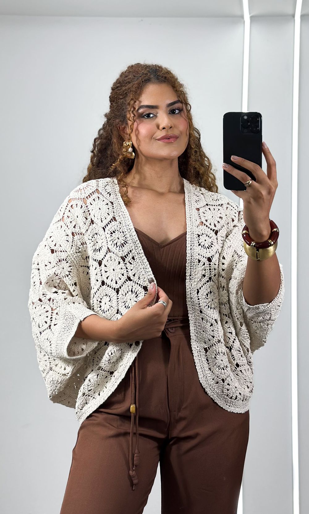 Kimono Crochê com Botões - Bege