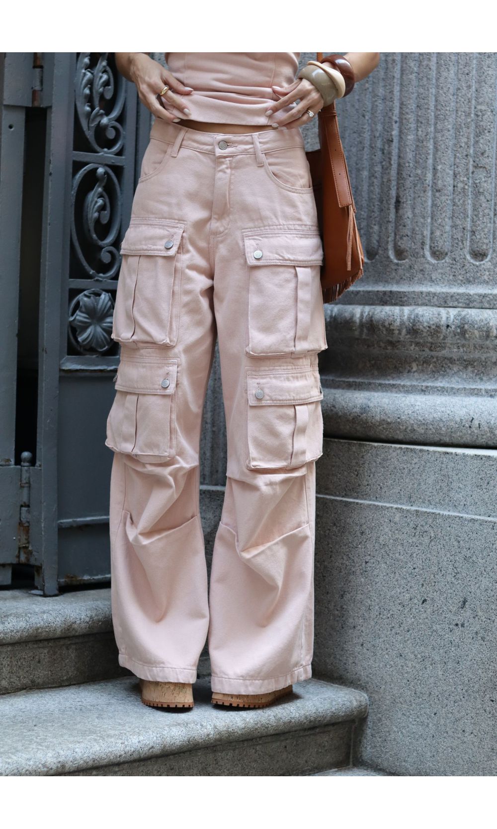 Calça Jeans Cargo Utility - Rose Claro
