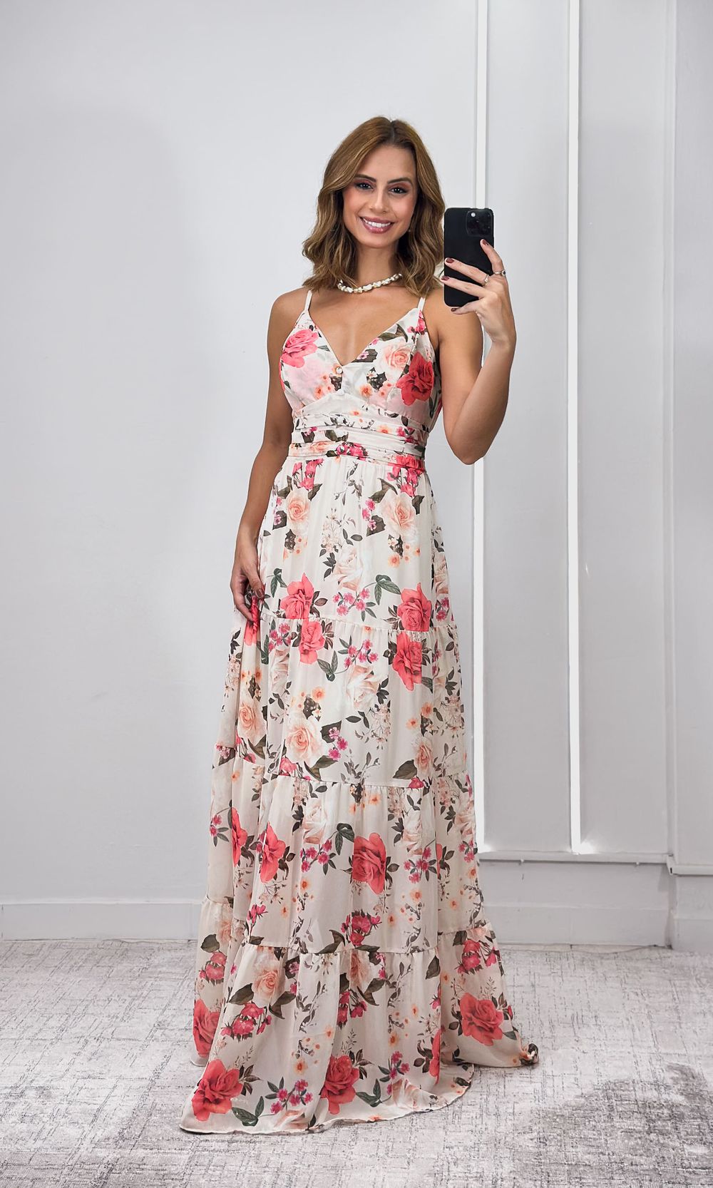 Vestido Longo Chiffon Estampado - Bege/Rosa/Laranj - Jack Modas, Moda Feminina e Acessórios 