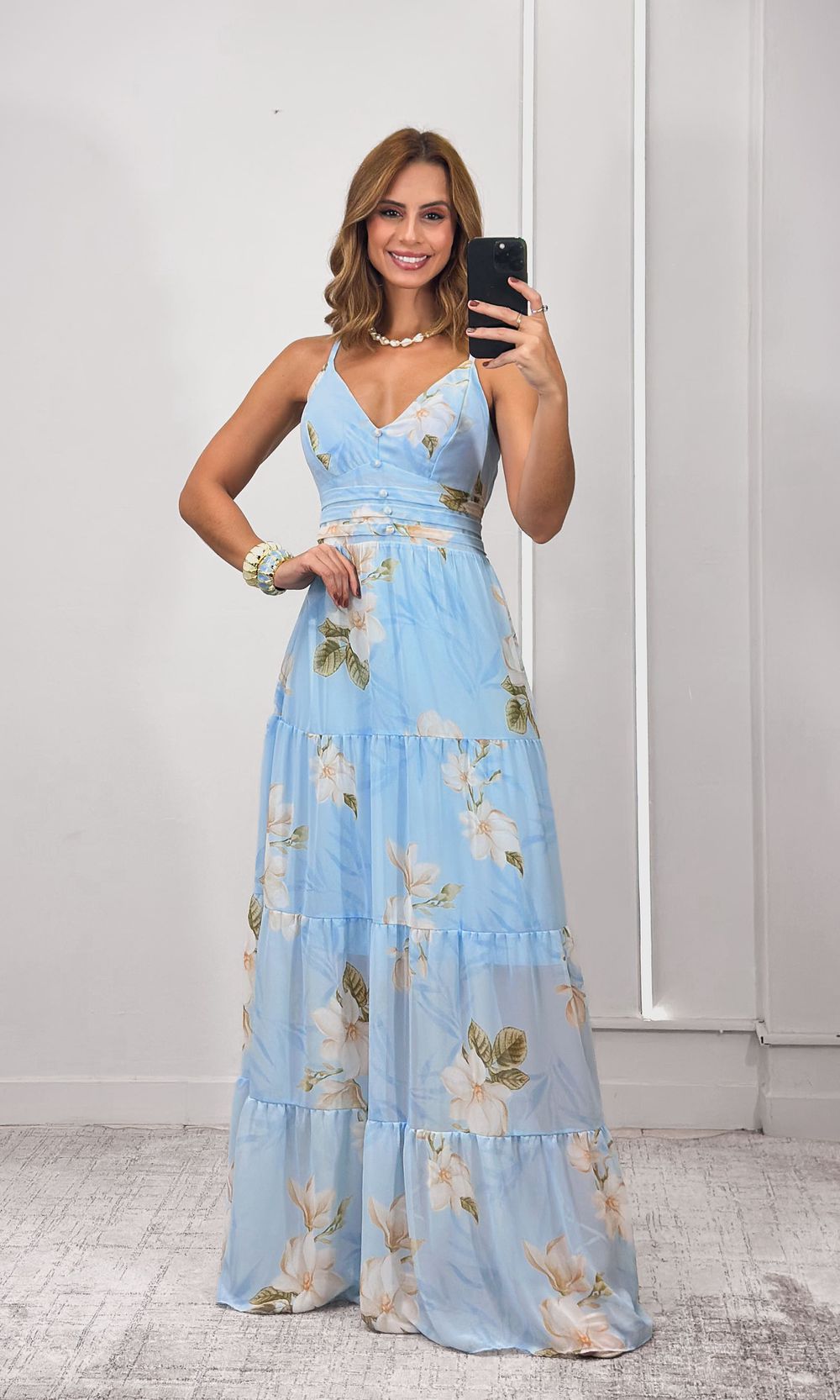 Vestido Longo Chiffon Estampado - Azul/Bege - Jack Modas, Moda Feminina e Acessórios 