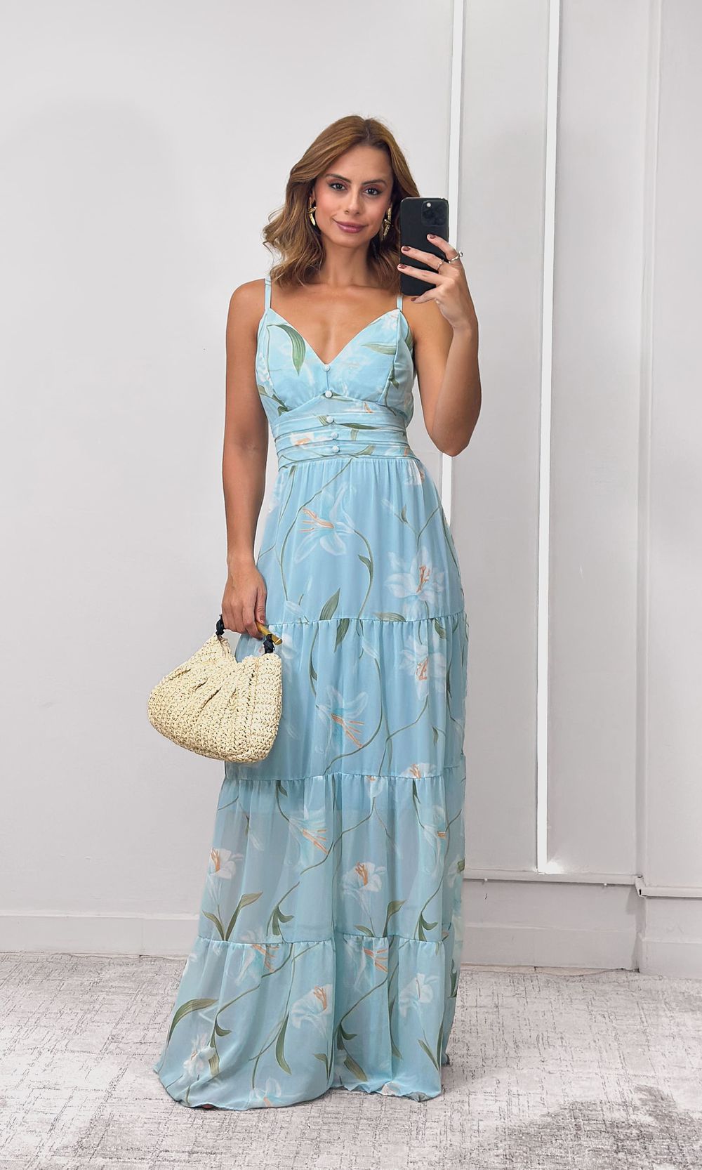 Vestido Longo Chiffon Estampado - Azul Água/Verde - Jack Modas, Moda Feminina e Acessórios 