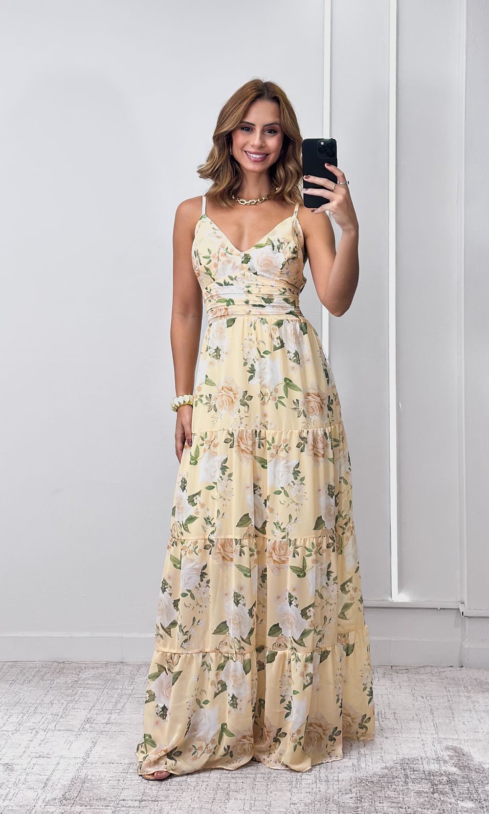 Vestido Longo Chiffon Estampado - Amarelo/Bege - Jack Modas, Moda Feminina e Acessórios 