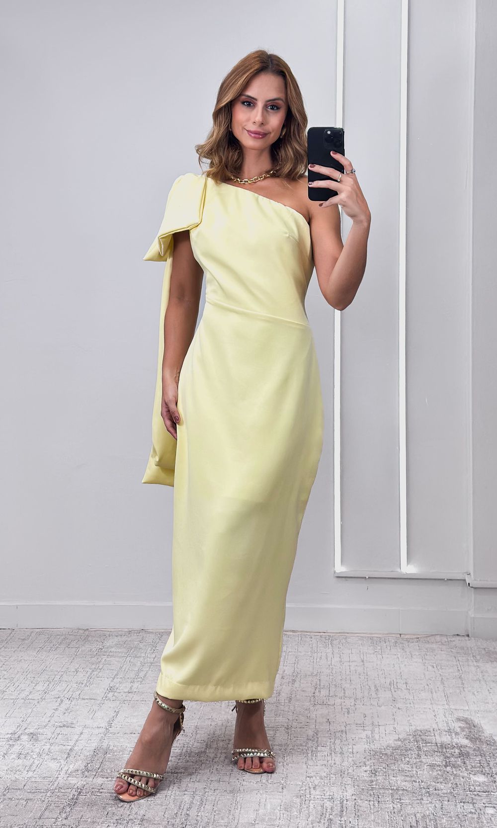 Vestido Um Ombro Maxi Laço - Amarelo - Jack Modas, Moda Feminina e Acessórios 