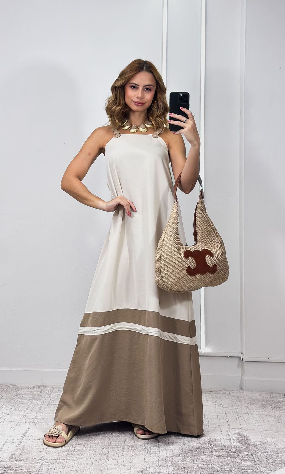 Vestido Bicolor Alça Crochê - Bege/Caqui