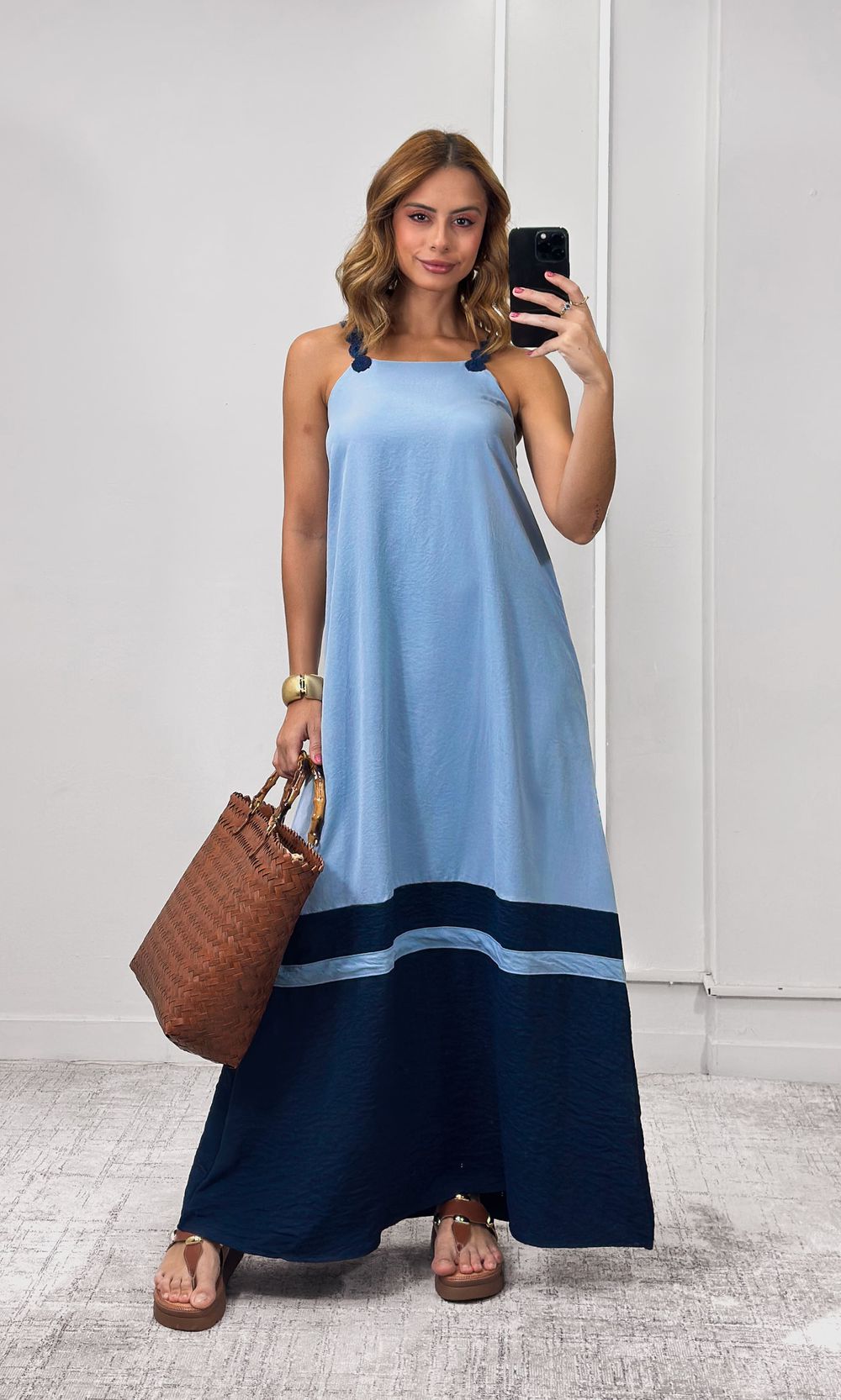 Vestido Bicolor Alça Crochê - Azul/Azul Marinho - Jack Modas, Moda Feminina e Acessórios 