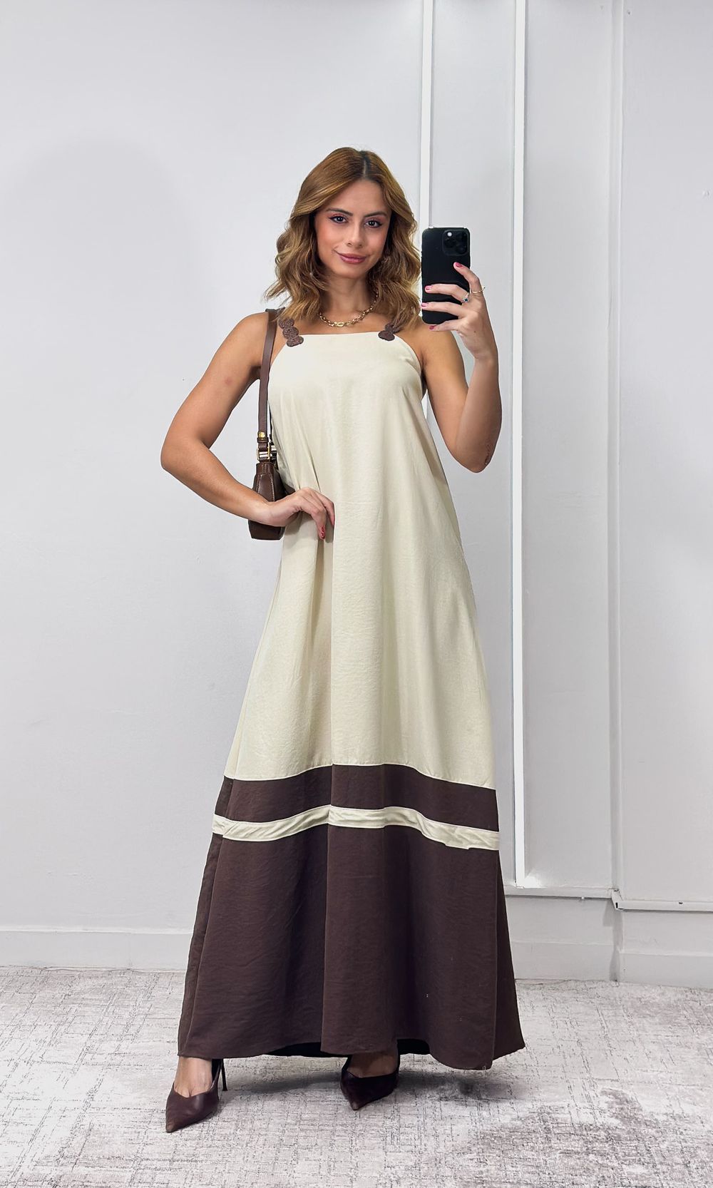 Vestido Bicolor Alça Crochê - Bege/Marrom