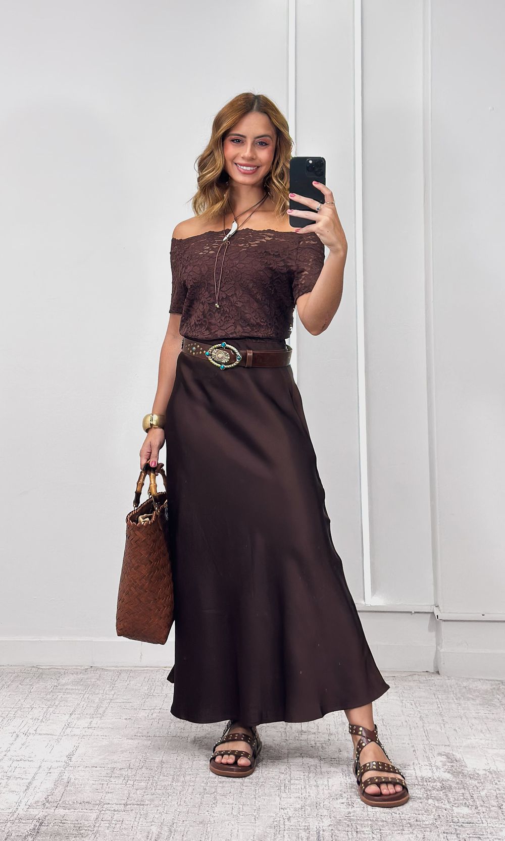 Saia Midi Cetim - Marrom Escuro - Jack Modas, Moda Feminina e Acessórios 