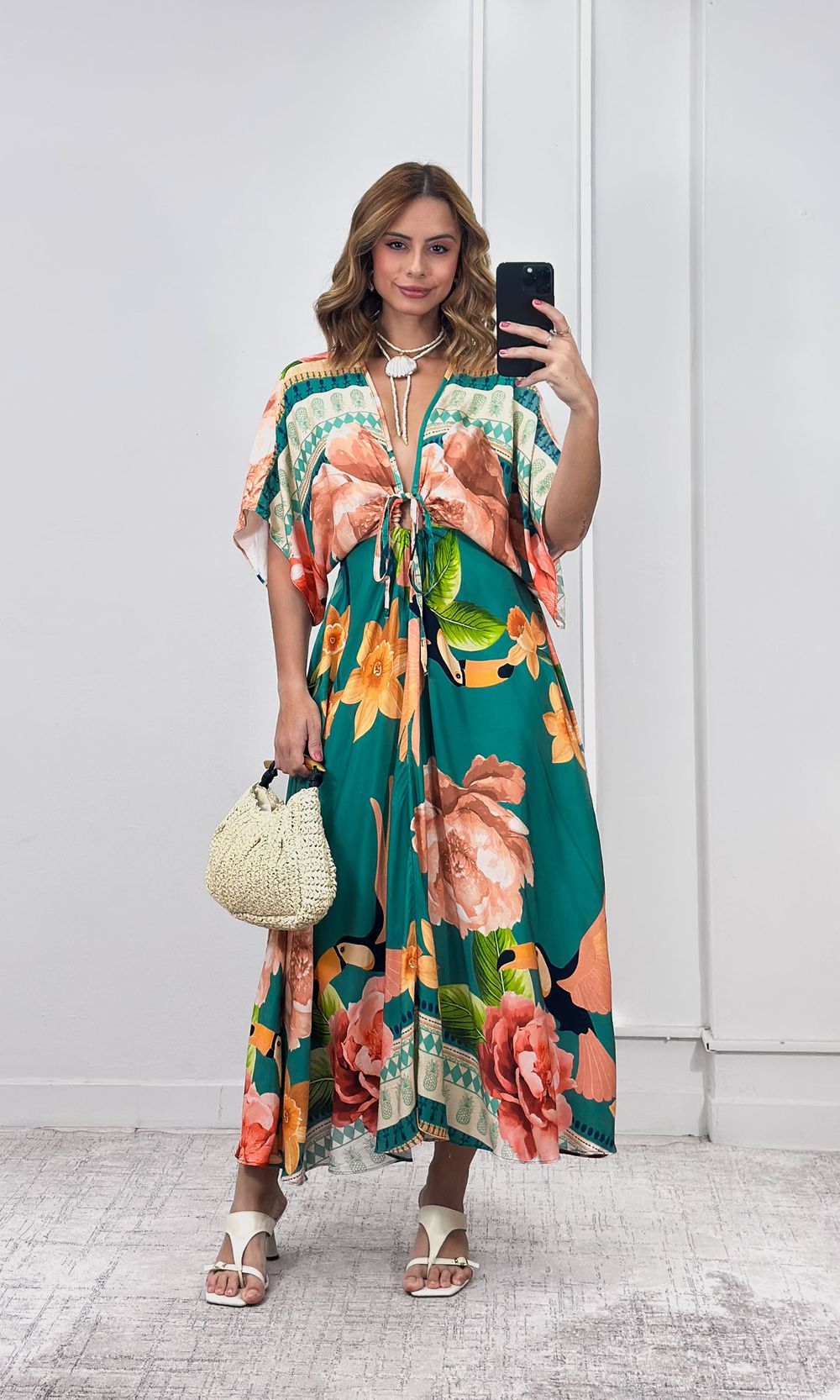 Vestido Decote V Abertura Estampado - Verde