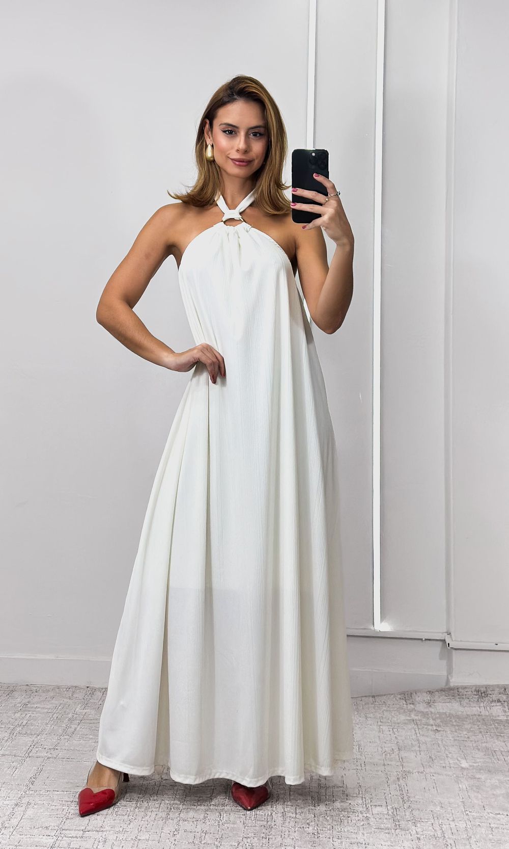 Vestido Maquinetado Amplo com Fivela - Off - Jack Modas, Moda Feminina e Acessórios 