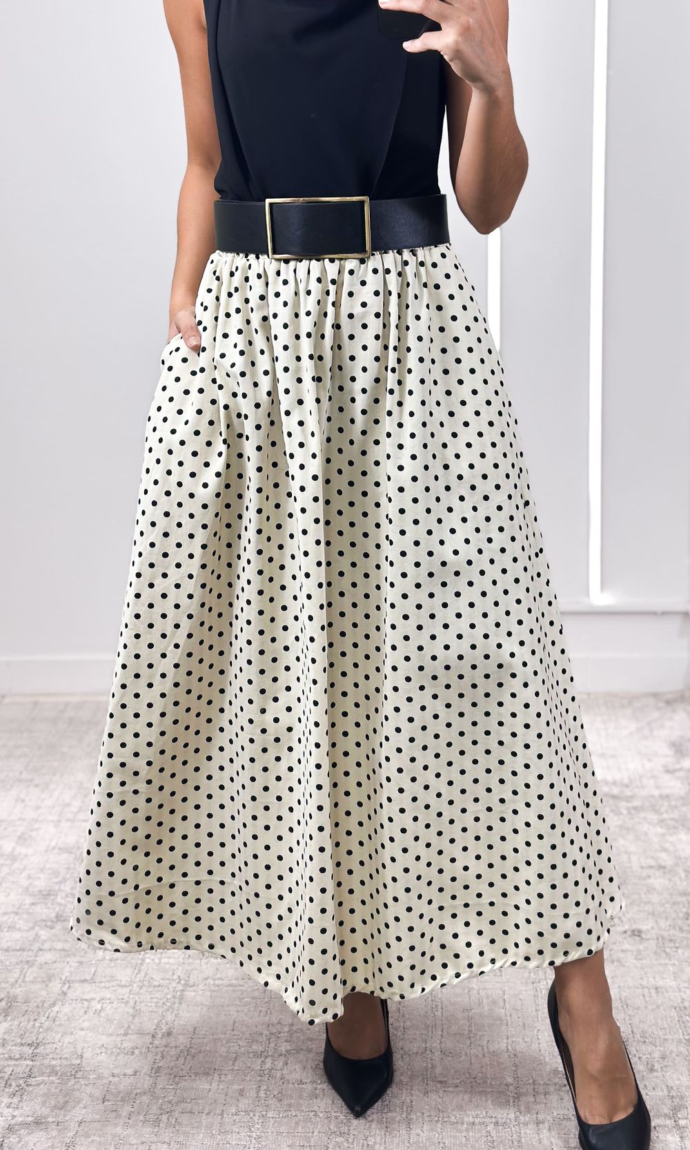 Saia Linho Godê Poá - Off/Preto - Jack Modas, Moda Feminina e Acessórios 
