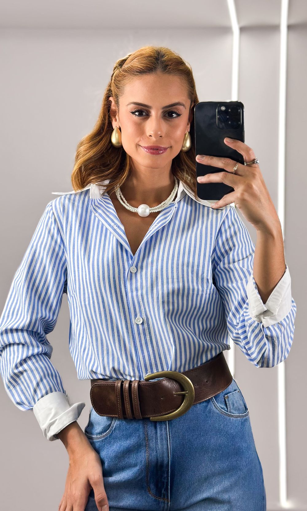 Camisa Tricoline Listrada com Vira - Branco/Azul - Jack Modas, Moda Feminina e Acessórios 