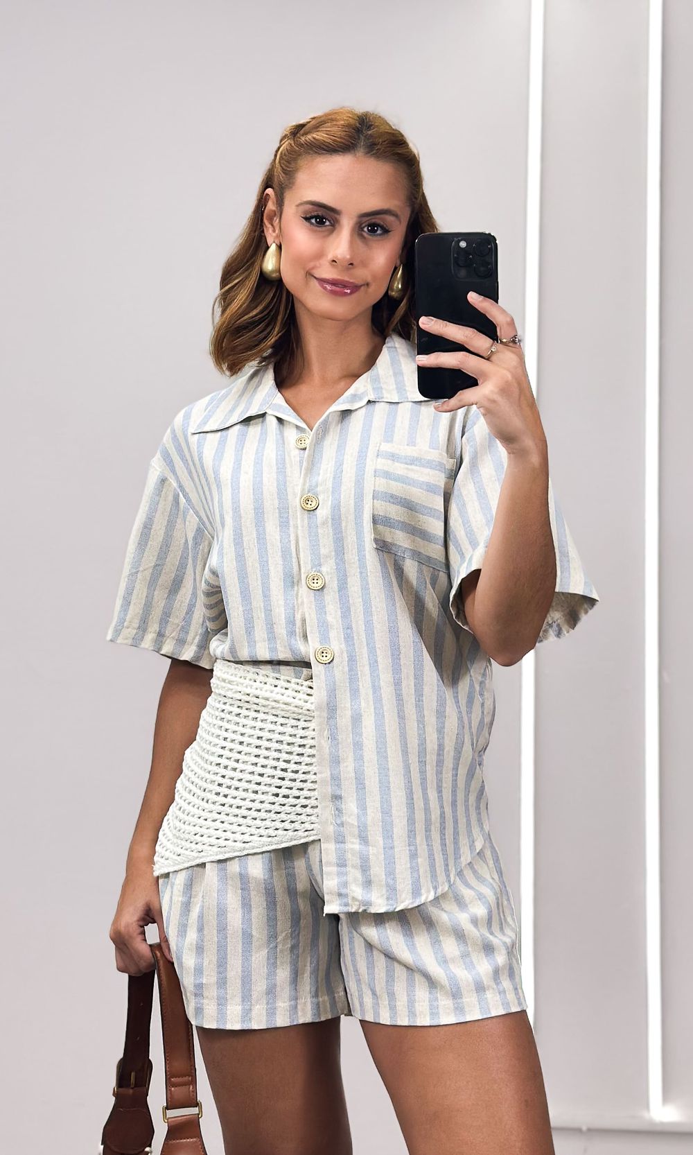 Conjunto Listrado Camisa Botões e Short - Bege/Azu... - Jack Modas, Moda Feminina e Acessórios 
