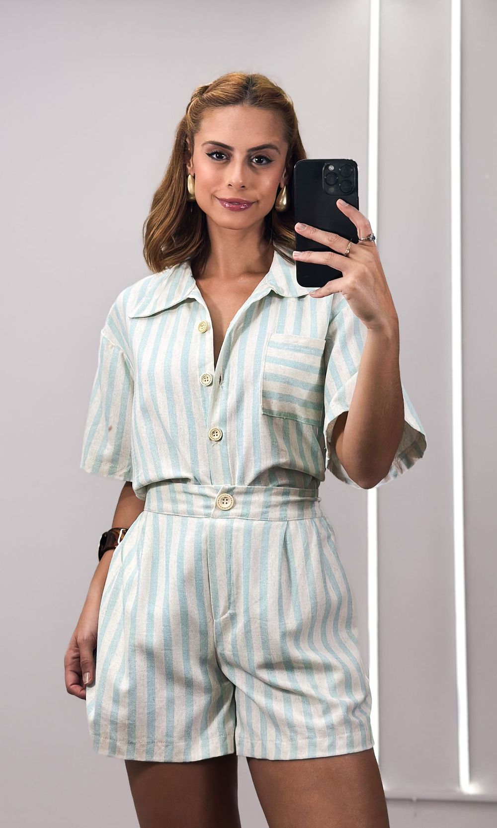 Conjunto Listrado Camisa Botões e Short - Bege/Ver... - Jack Modas, Moda Feminina e Acessórios 