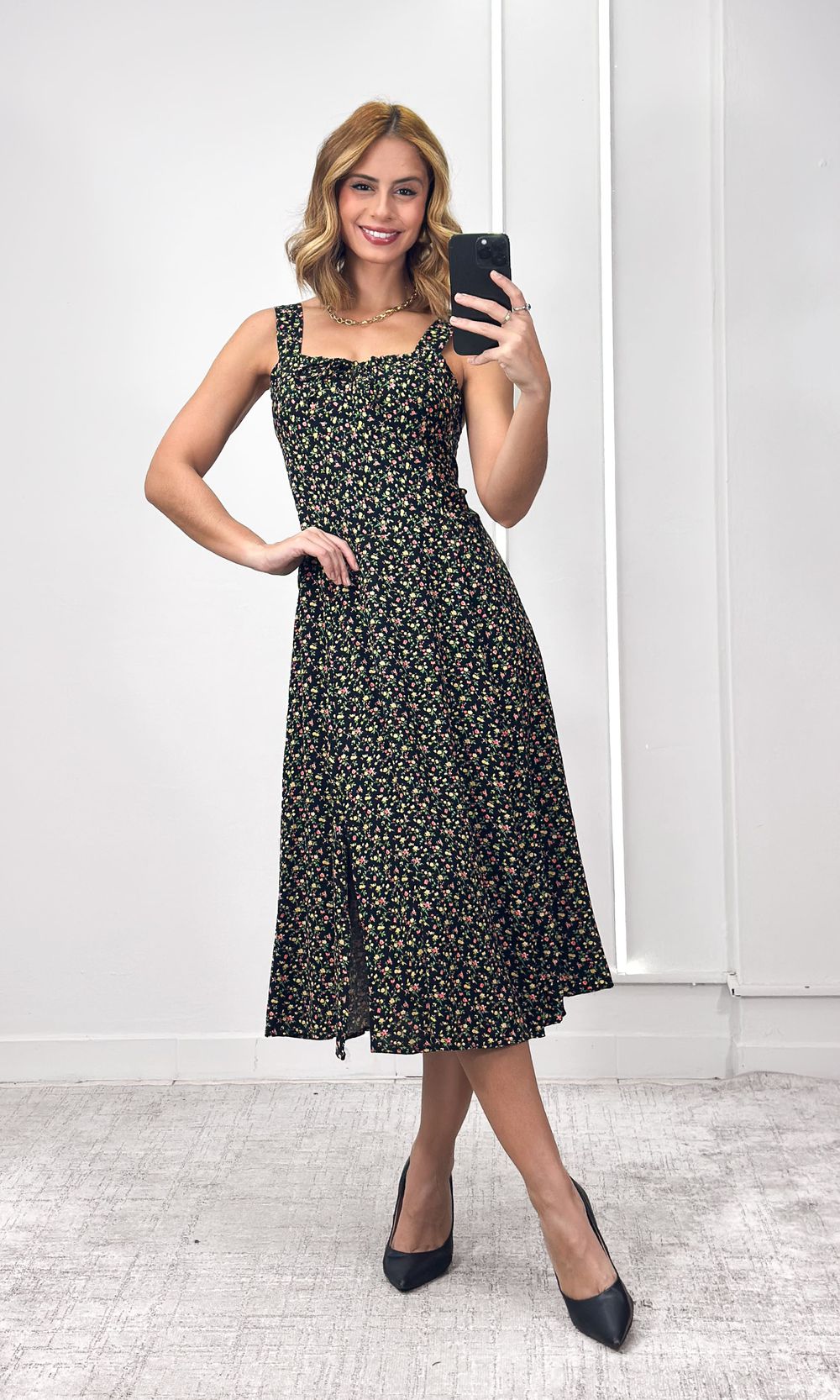 Vestido Decote Amarração Liberty - Preto/Amarelo/R... - Jack Modas, Moda Feminina e Acessórios 