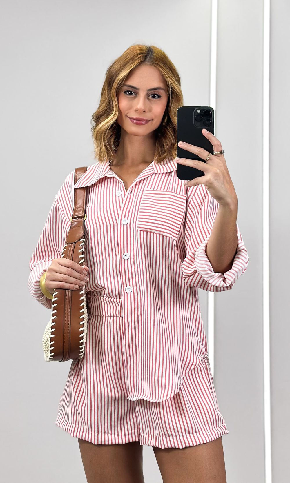 Conjunto Listrado Camisa e Short - Off/Rosa Blush - Jack Modas, Moda Feminina e Acessórios 