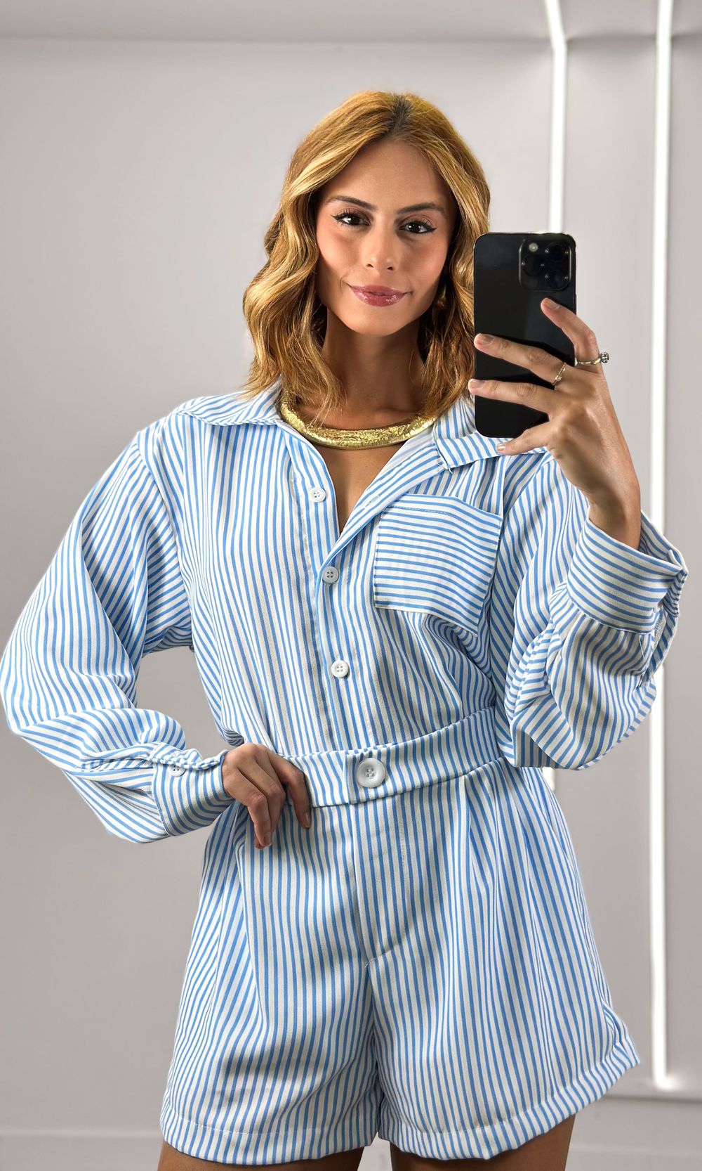 Conjunto Listrado Camisa e Short - Off/Azul Candy - Jack Modas, Moda Feminina e Acessórios 