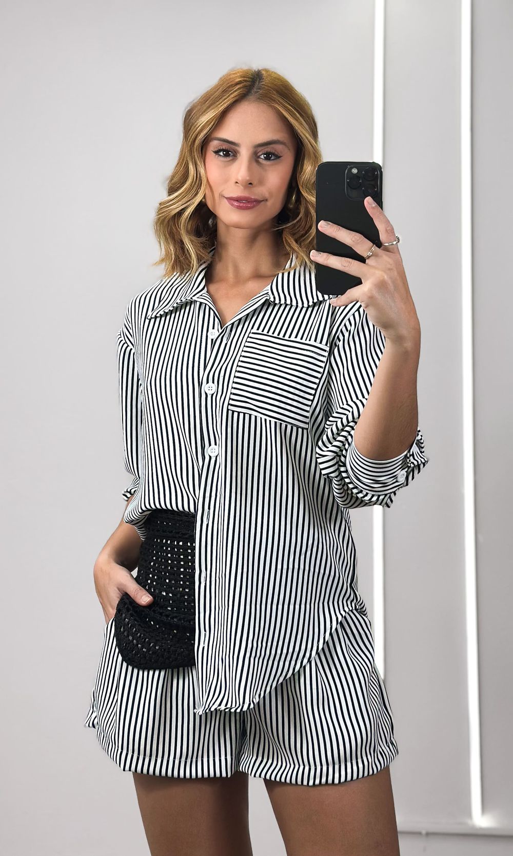Conjunto Listrado Camisa e Short - Off/Preto - Jack Modas, Moda Feminina e Acessórios 