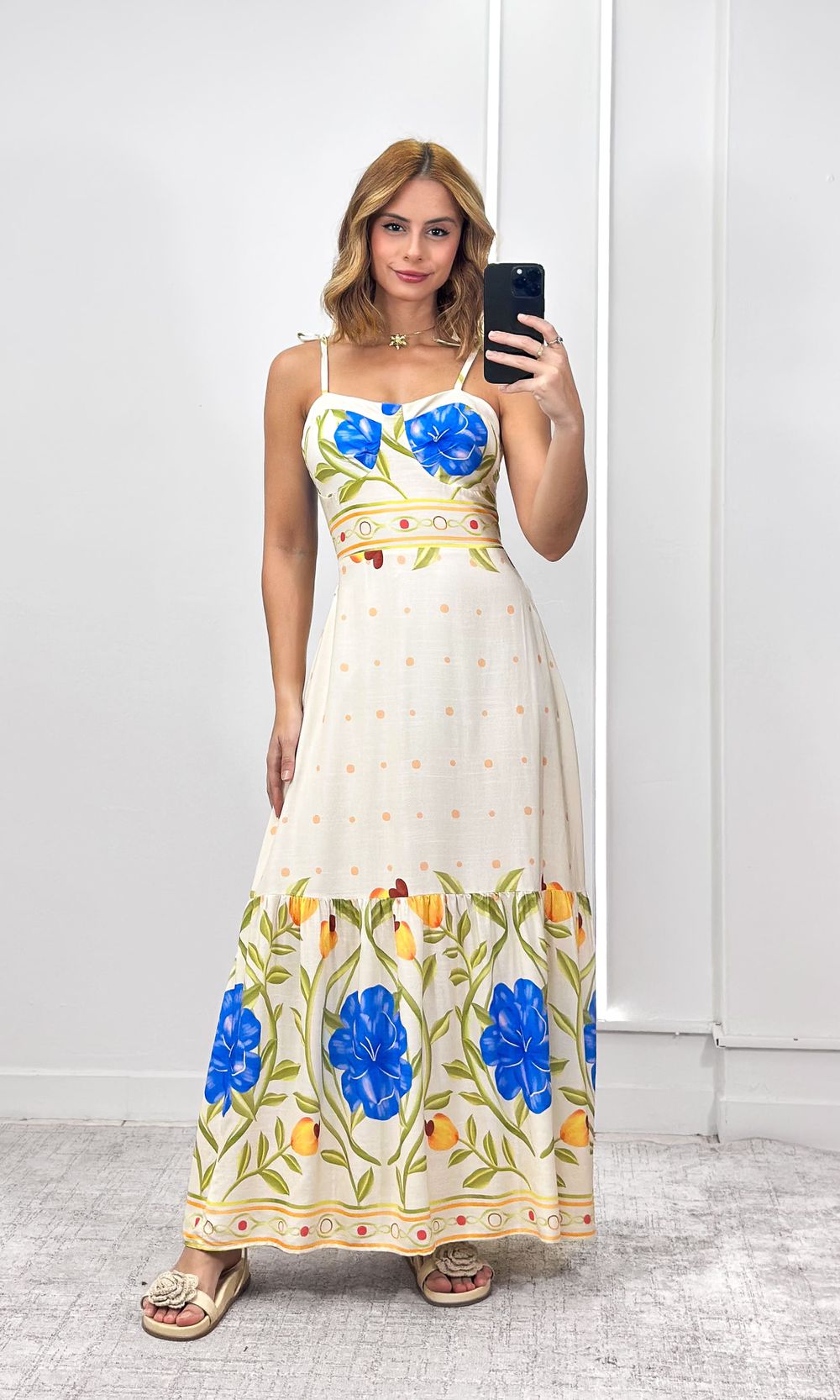 Vestido Decote Coração Estampado - Bege/Amarelo/Az... - Jack Modas, Moda Feminina e Acessórios 