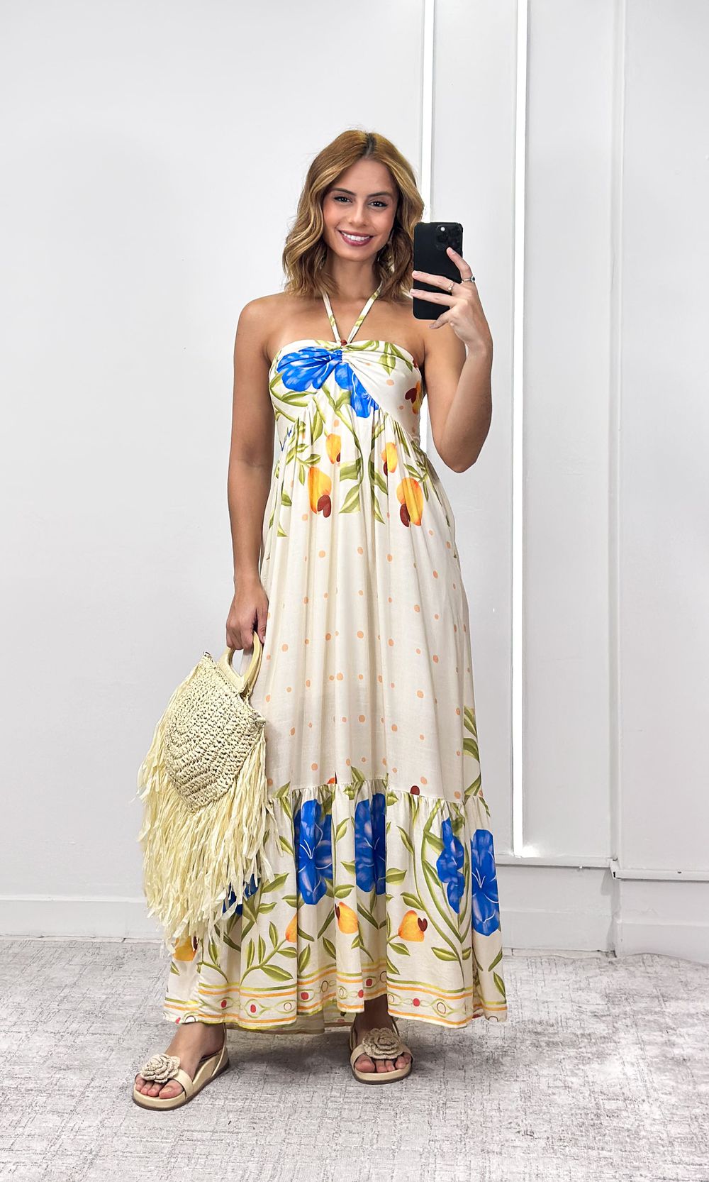 Vestido Decote Franzido Estampado - Bege/Amarelo/A... - Jack Modas, Moda Feminina e Acessórios 