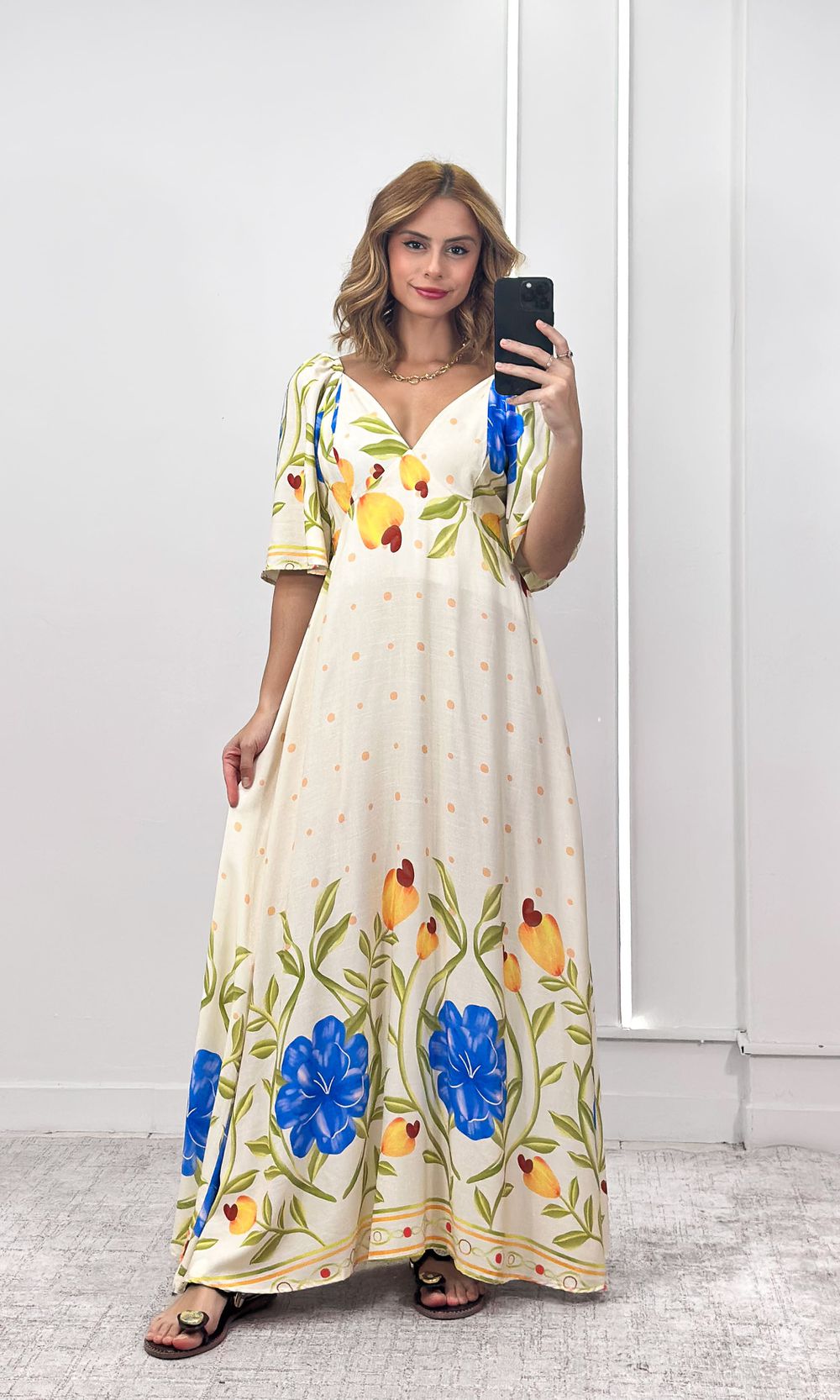 Vestido Manga Estampado - Bege/Amarelo/Azul - Jack Modas, Moda Feminina e Acessórios 