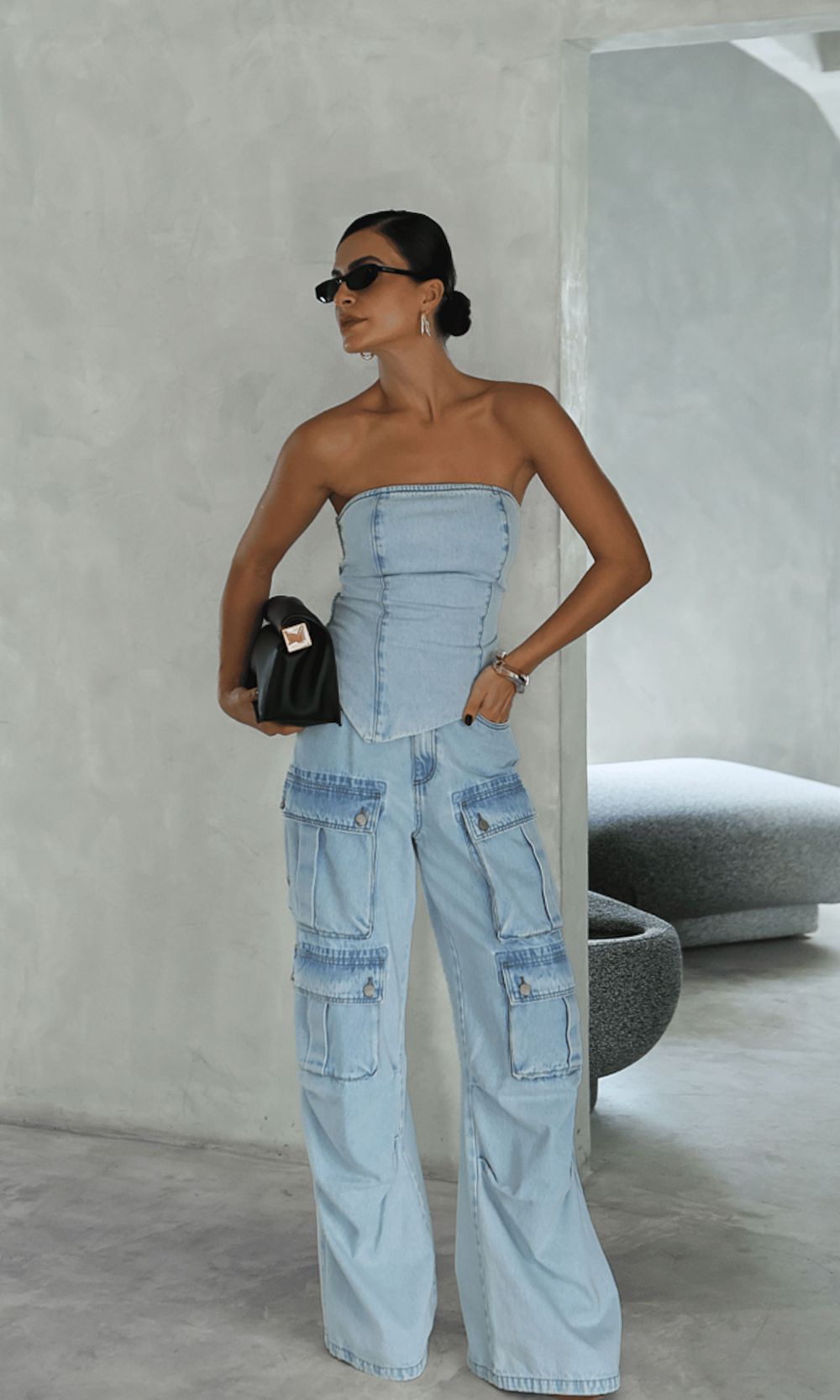 Corset Assimétrico Jeans sem alça - Azul Marmorizado Claro