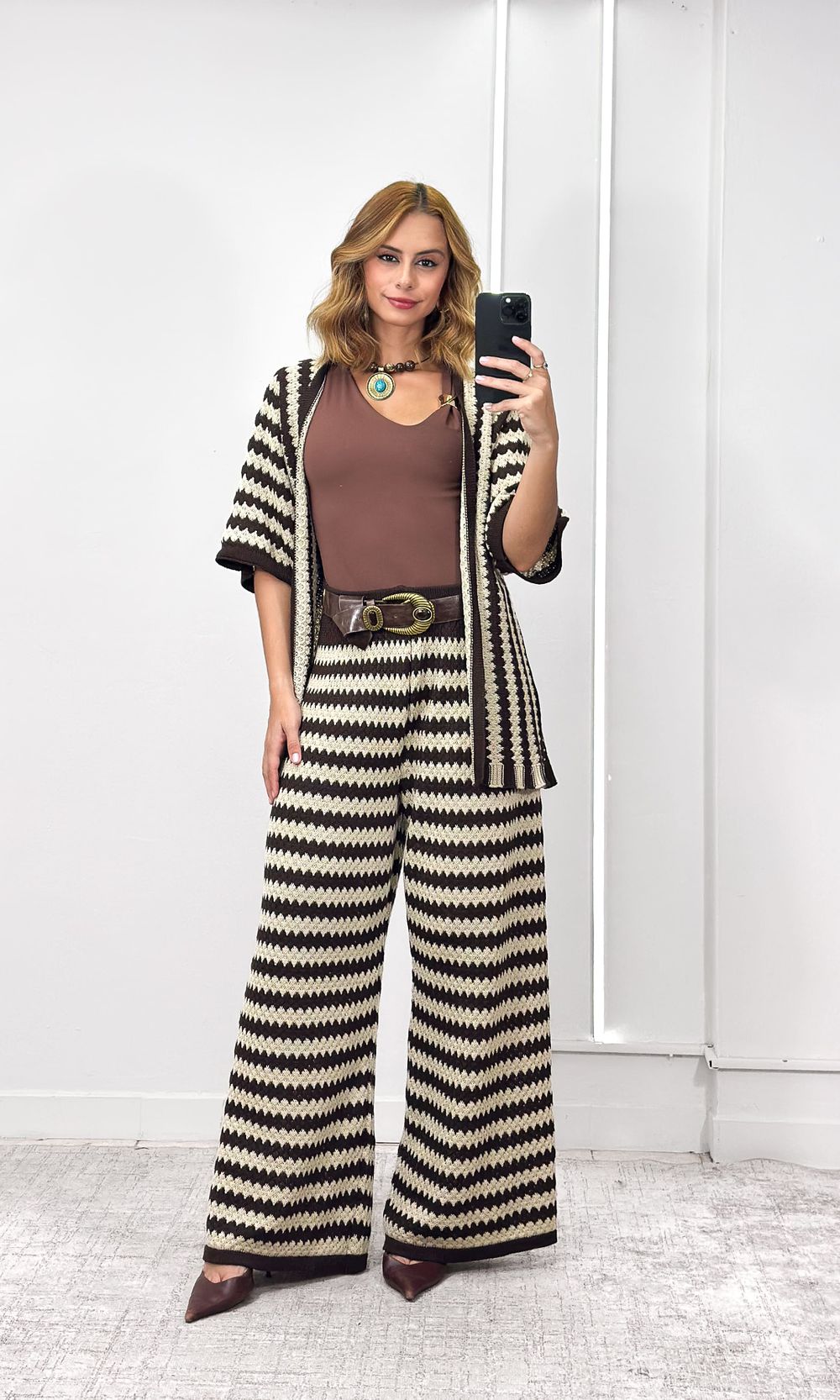 Conjunto Crochê Kimono e Calça - Marrom/Cru - Jack Modas, Moda Feminina e Acessórios 
