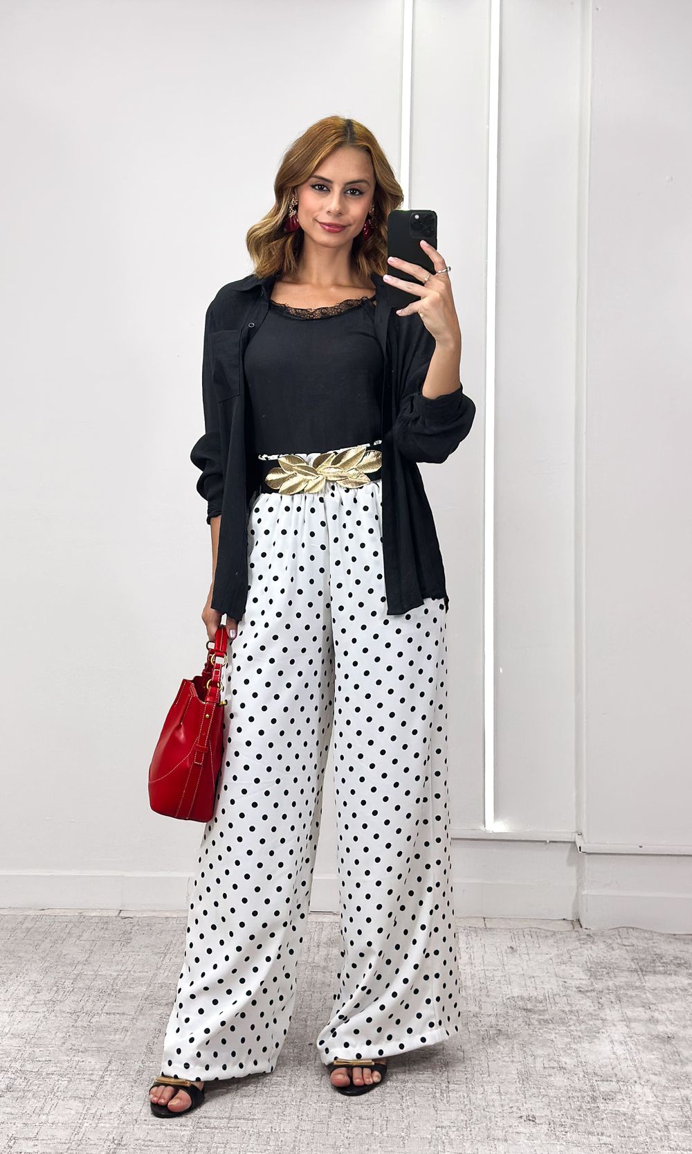 Calça Wide Leg Elástico Poá - Branco/Preto - Jack Modas, Moda Feminina e Acessórios 