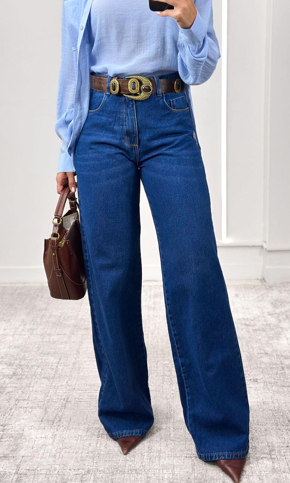 Calça Wide Leg Jeans Otávia - Azul Escuro