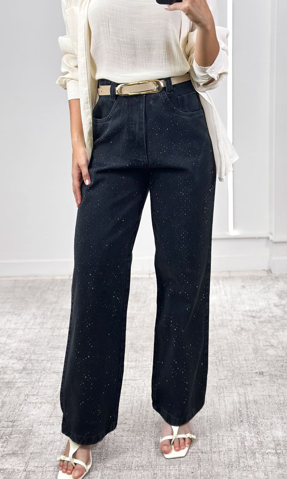 Calça Jeans Wide Leg com Brilho - Preto - Jack Modas, Moda Feminina e Acessórios 