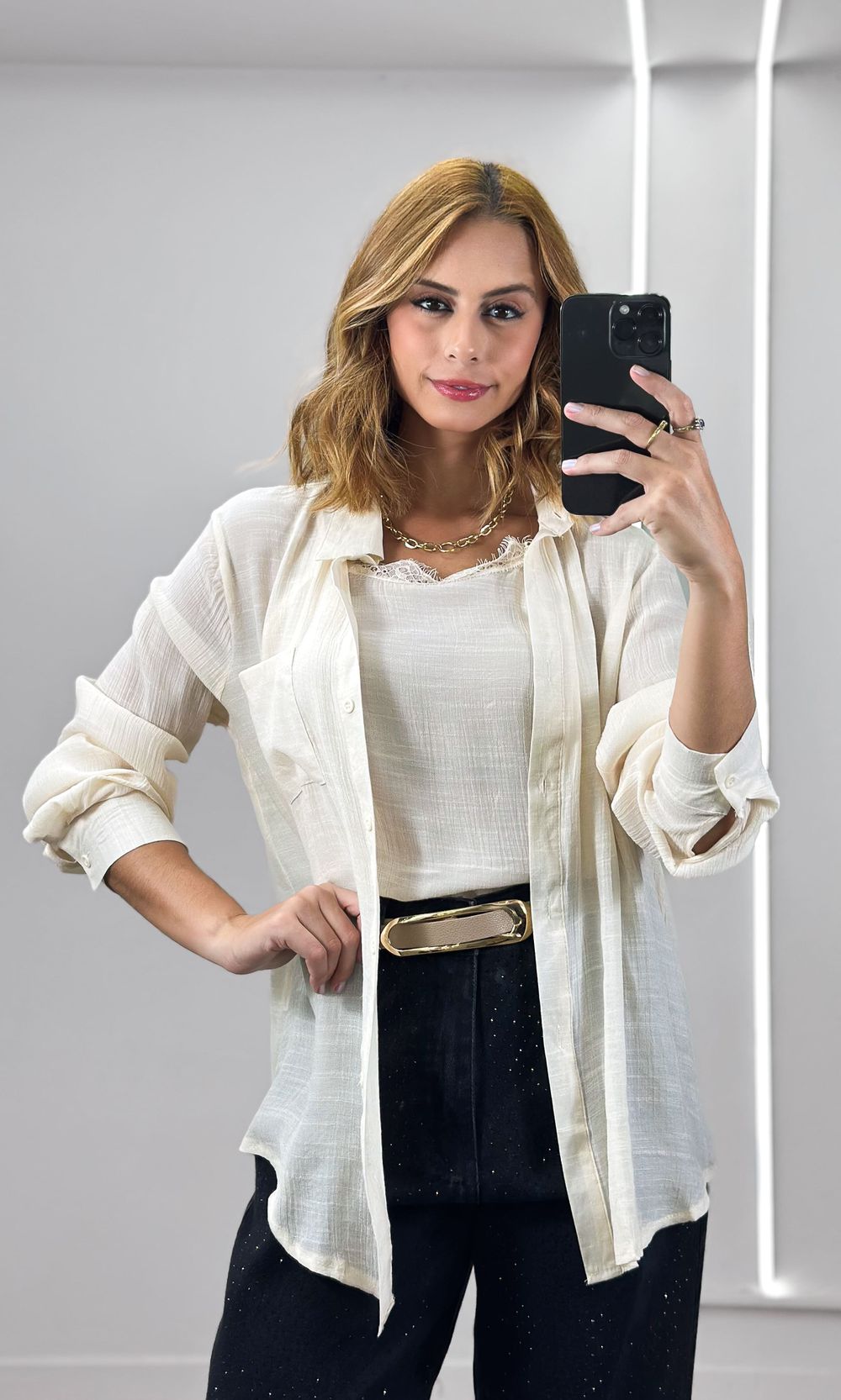 Camisa com Regata Renda - Bege Claro