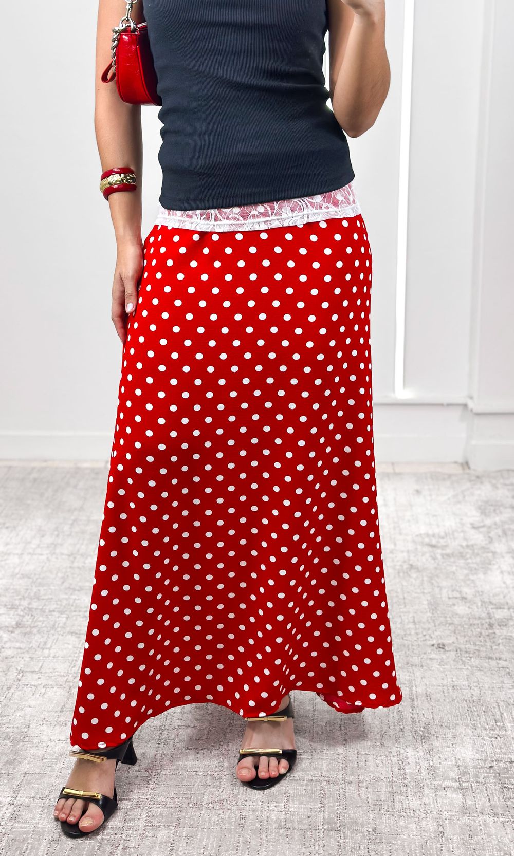 Saia Evase Elástico Poá - Vermelho/Branco - Jack Modas, Moda Feminina e Acessórios 
