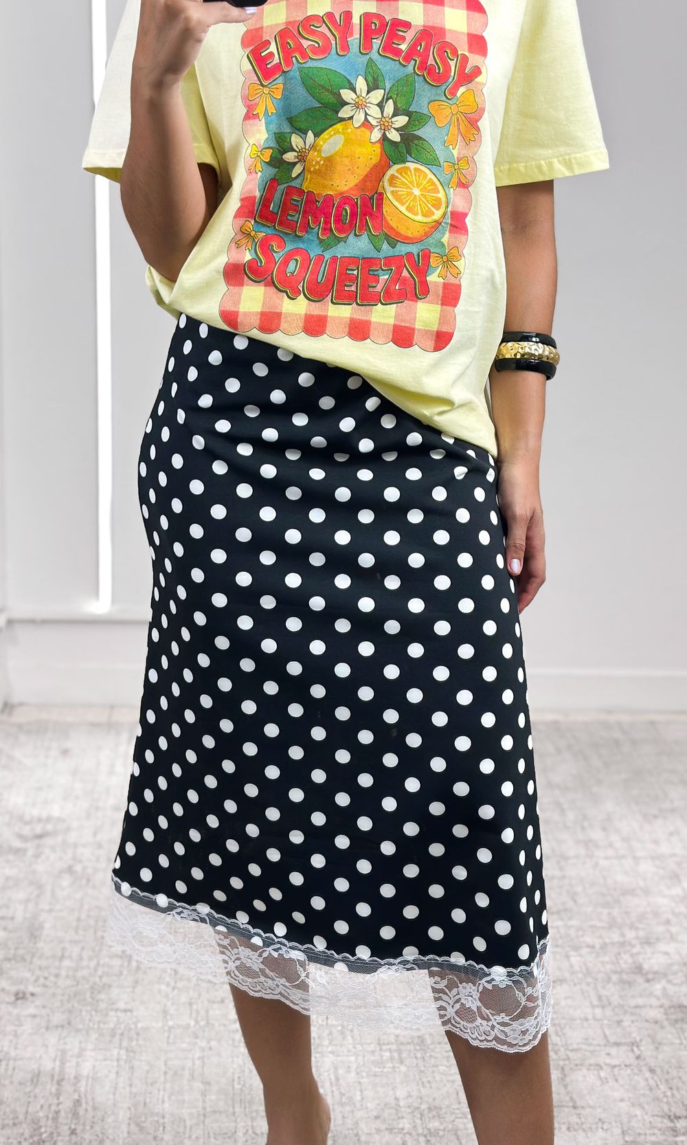 Saia Poá Barra Renda - Preto/Branco - Jack Modas, Moda Feminina e Acessórios 