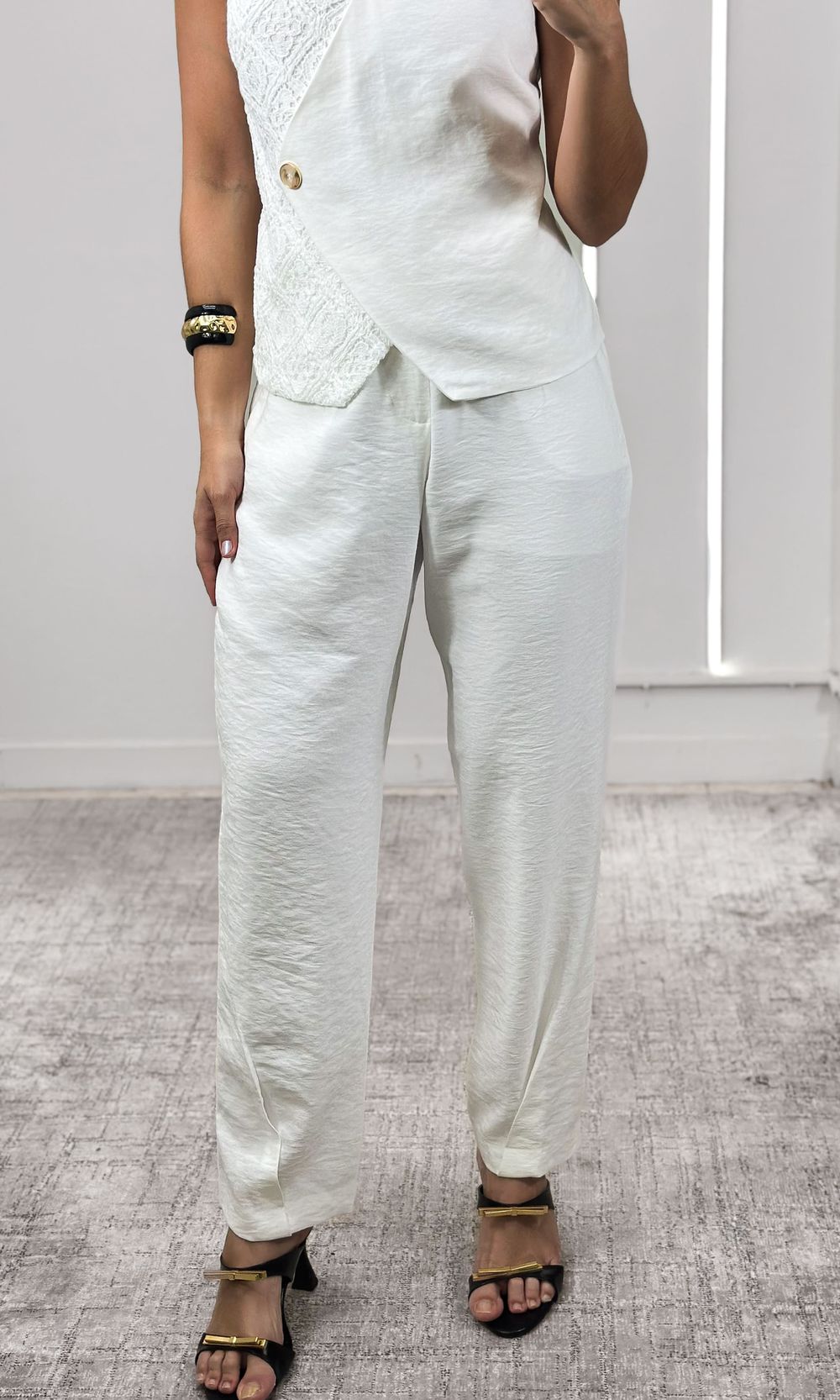 Calça reta Botão Marmorizado - Branco