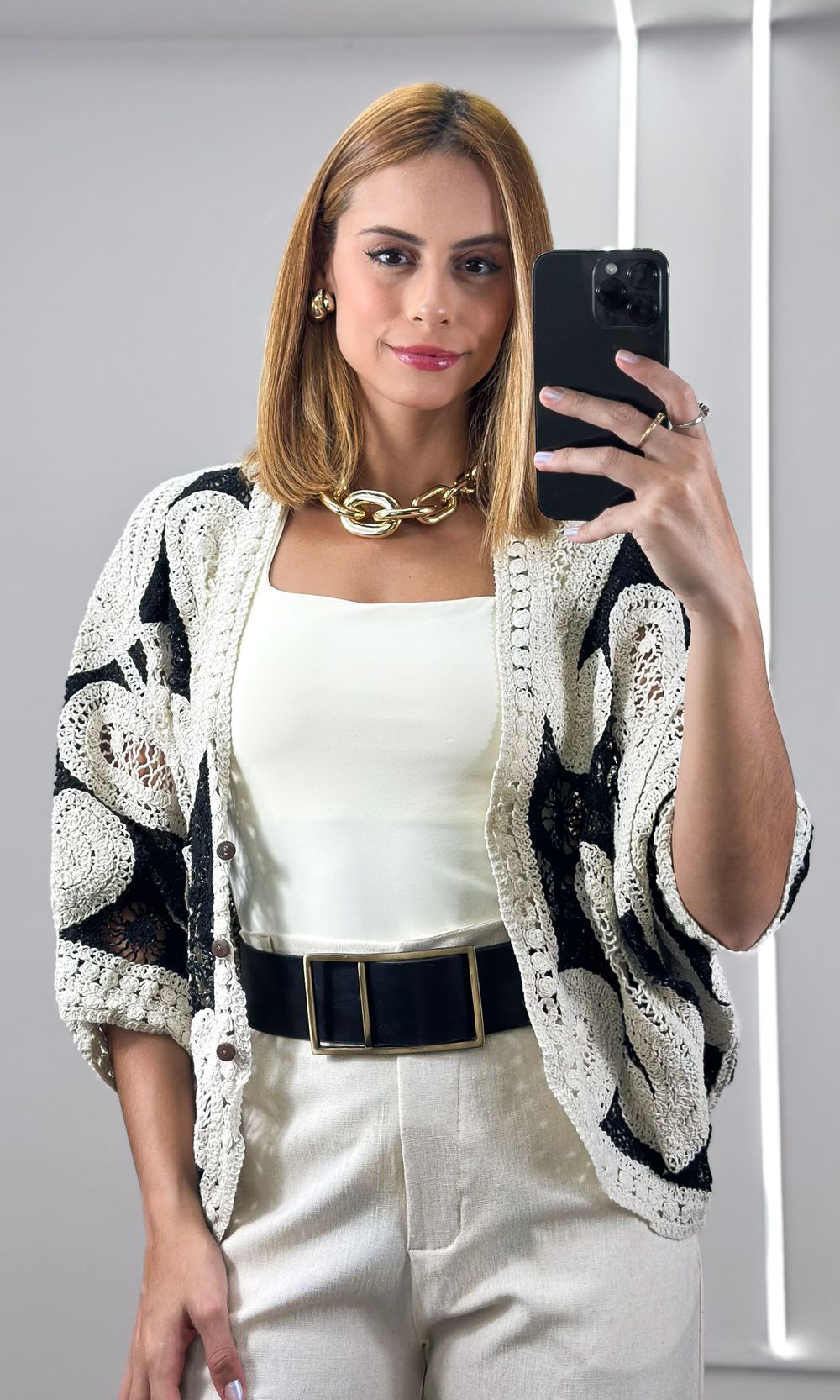 Kimono Crochê Bicolor - Preto/Bege - Jack Modas, Moda Feminina e Acessórios 