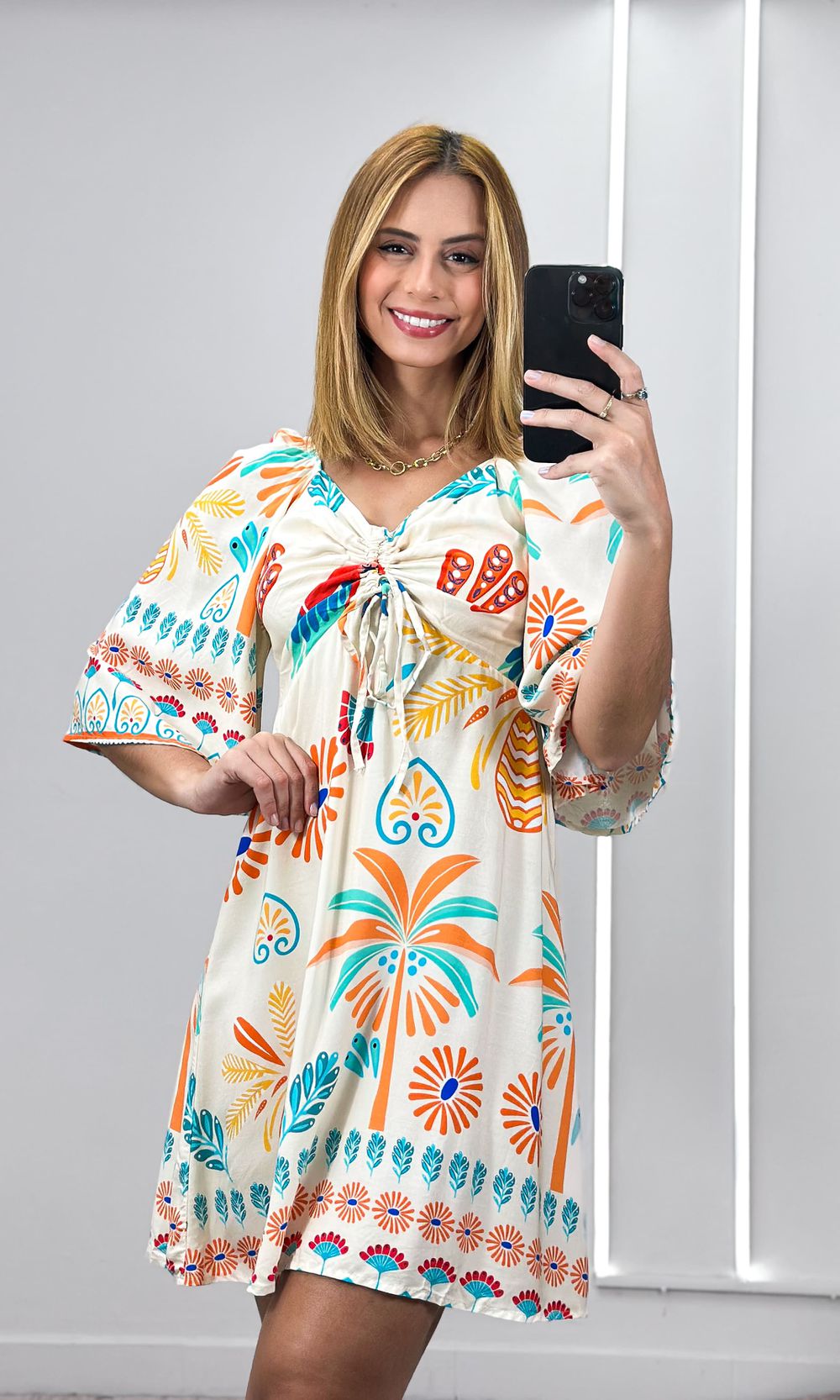 Vestido Curto Estampado Decote Franzido Manga - Be... - Jack Modas, Moda Feminina e Acessórios 