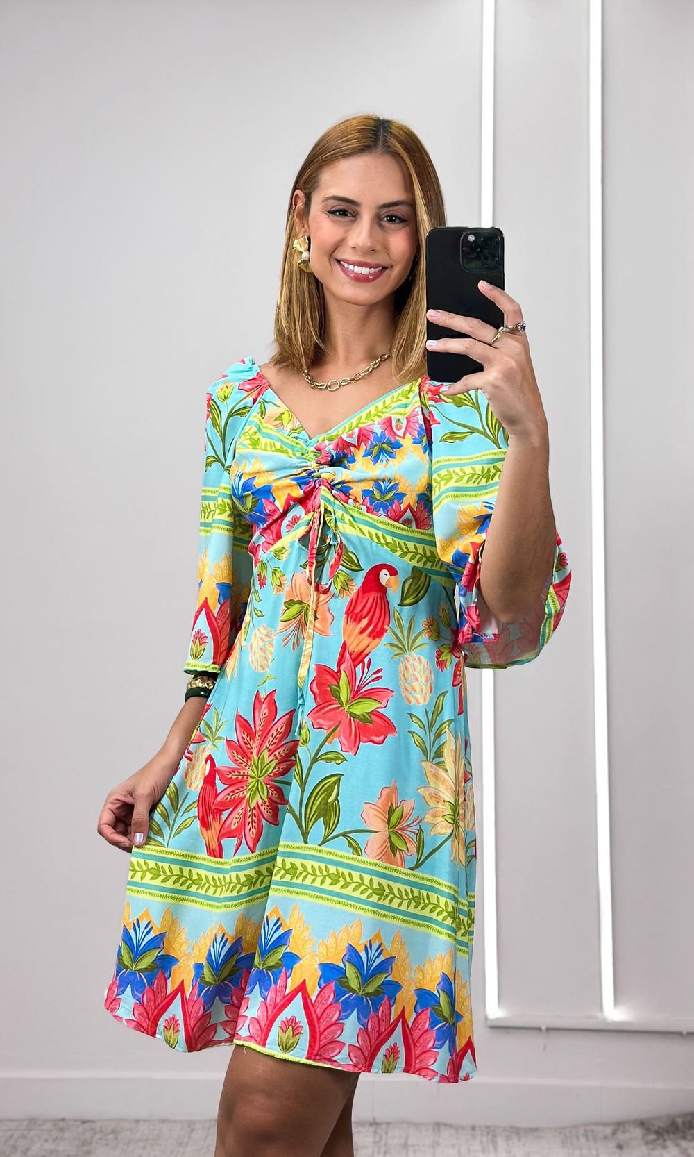 Vestido Curto Estampado Decote Franzido Manga - Az... - Jack Modas, Moda Feminina e Acessórios 