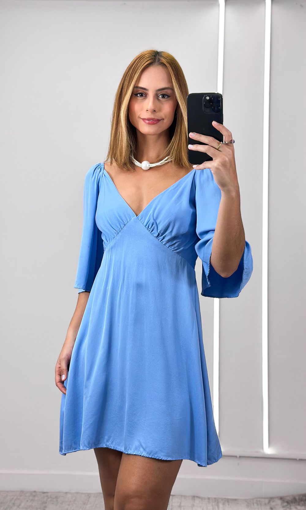 Vestido Curto Decote V Manga - Azul - Jack Modas, Moda Feminina e Acessórios 
