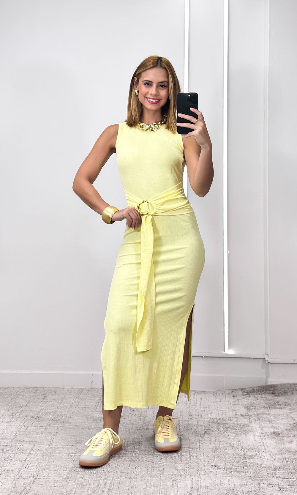 Vestido Cavado com Fivela Amarração - Amarelo Clar... - Jack Modas, Moda Feminina e Acessórios 